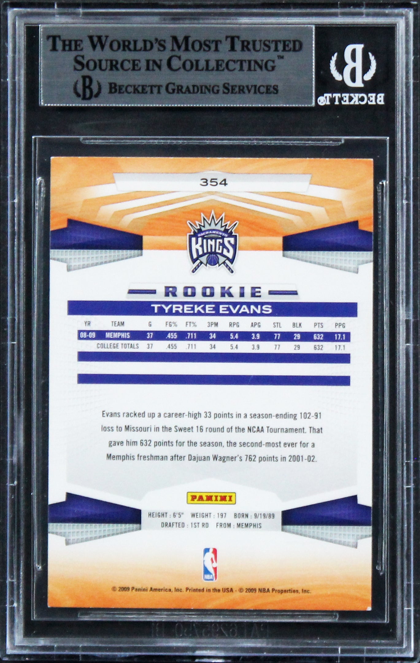 Kings Tyreke Evans Authentic Signed Card 2009 Panini RC #354 BAS Slabbed