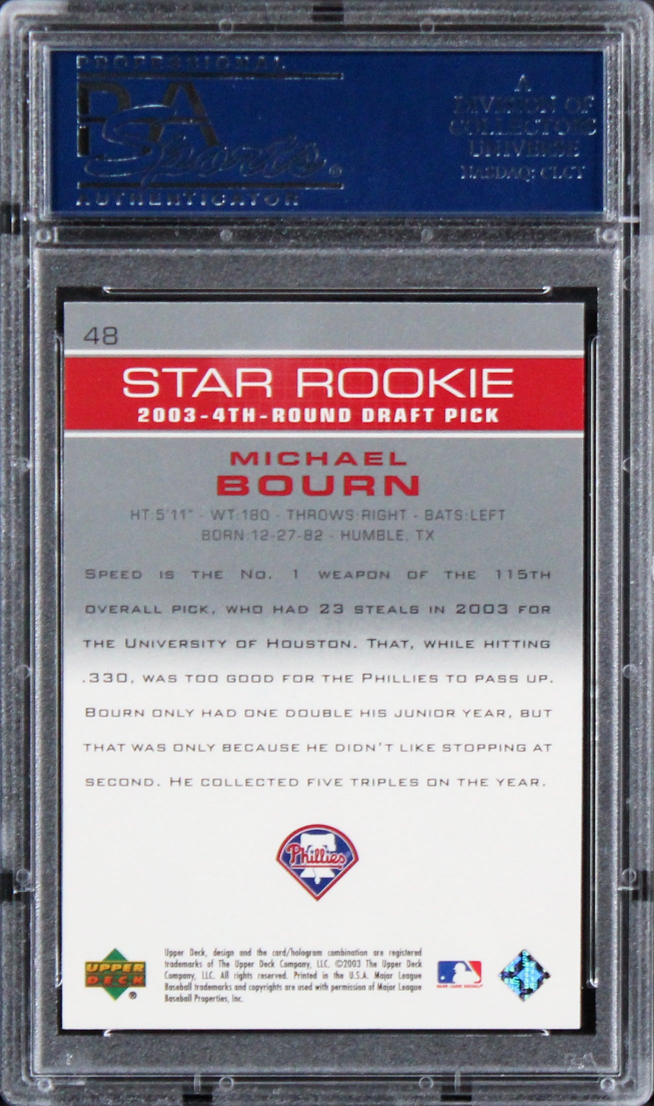 Phillies Michael Bourn Authentic Signed Card 2003 Ud Prospect Rc #48 PSA Slabbed