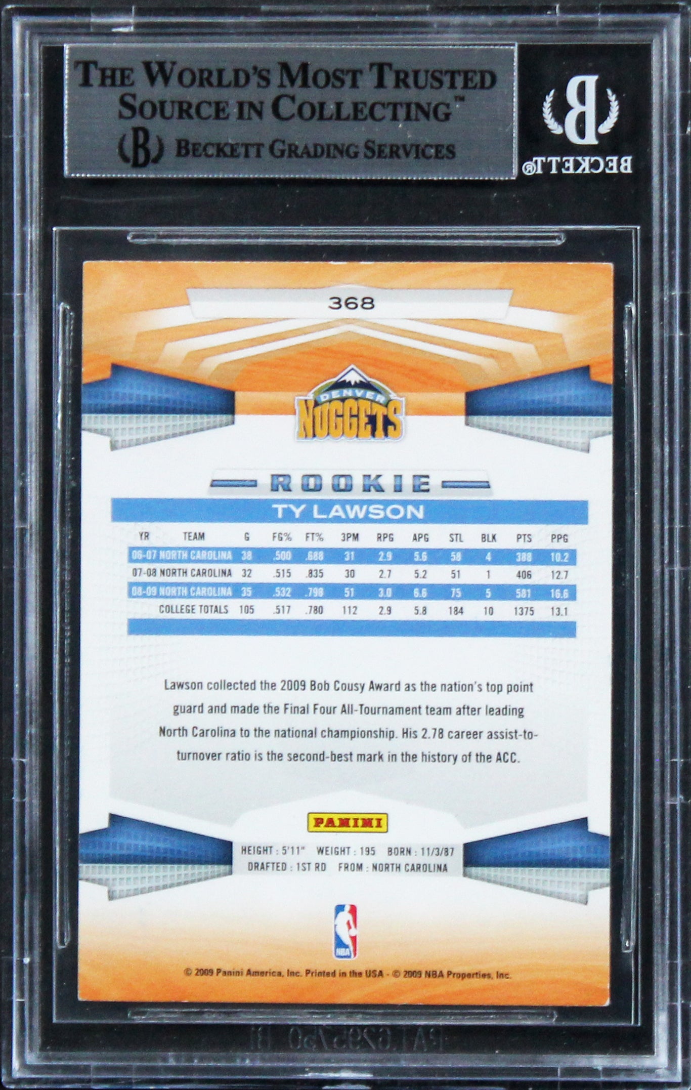 Nuggets Ty Lawson Authentic Signed Card 2009 Panini RC #368 BAS Slabbed #9622668
