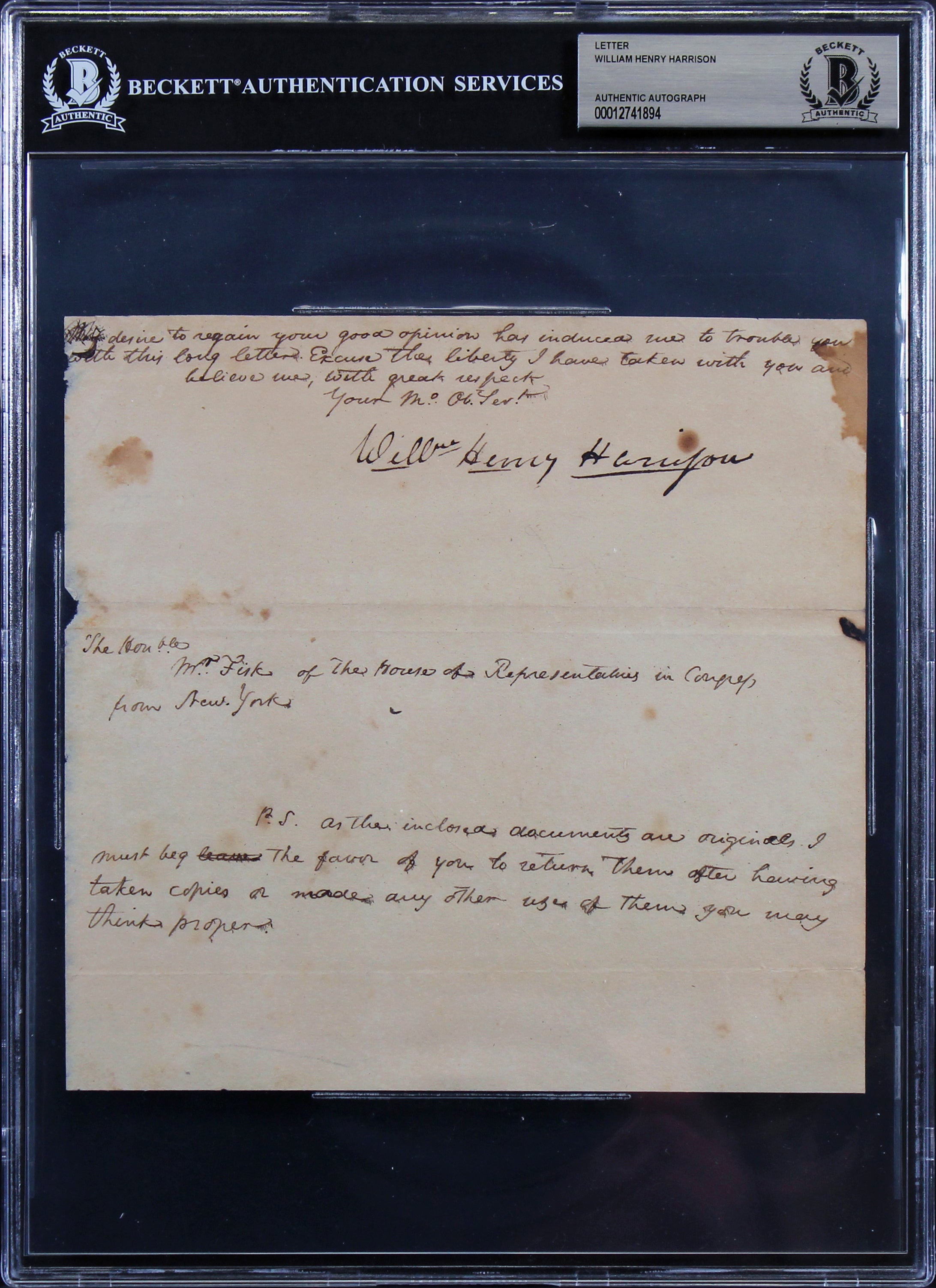 William Henry Harrison Authentic Signed 7.25x7.5 Letter Dated BAS Slabbed