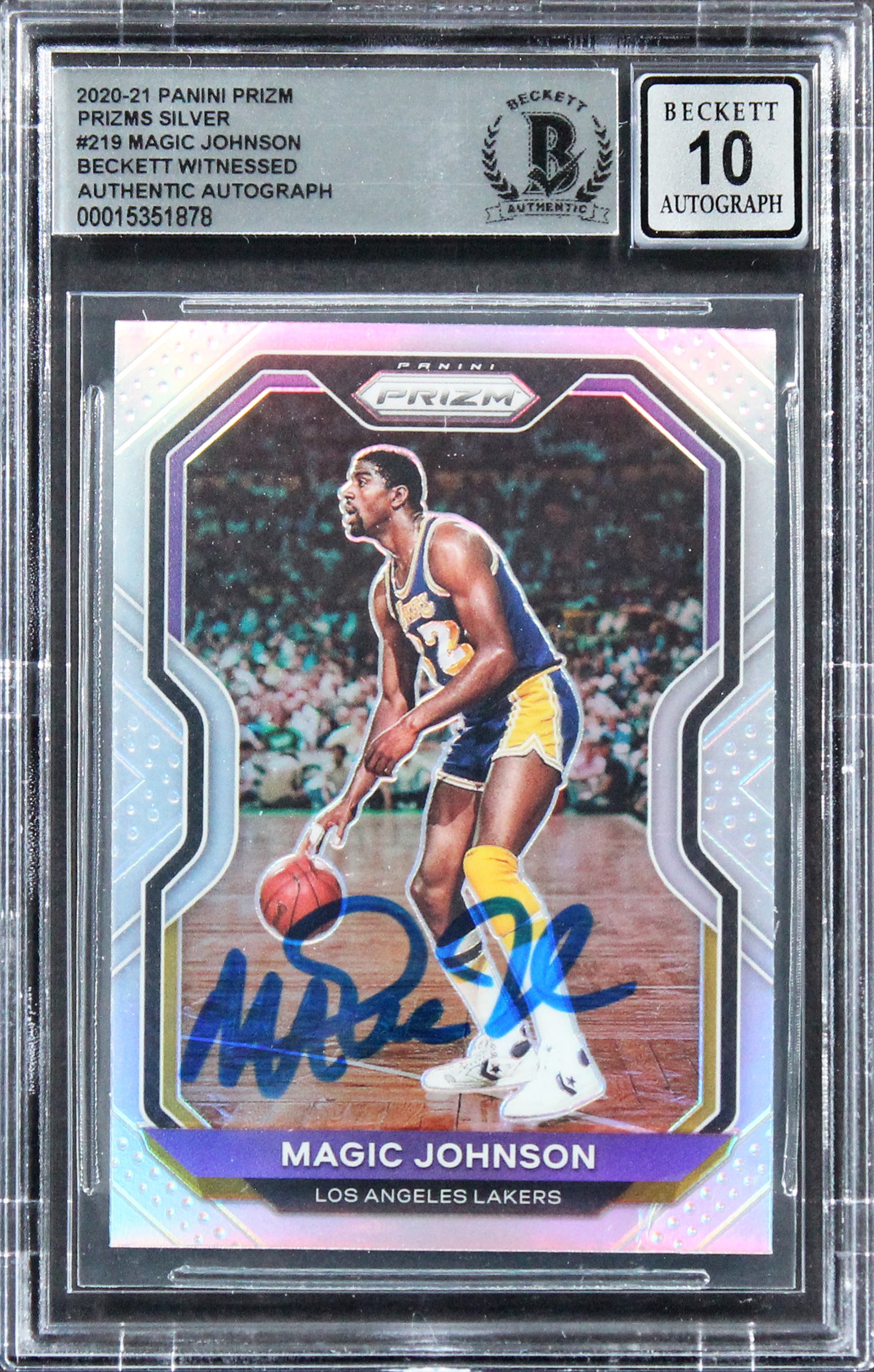 Lakers Magic Johnson Signed 2020 Panini Prizm Silver #219 Card Auto 10! BAS Slab