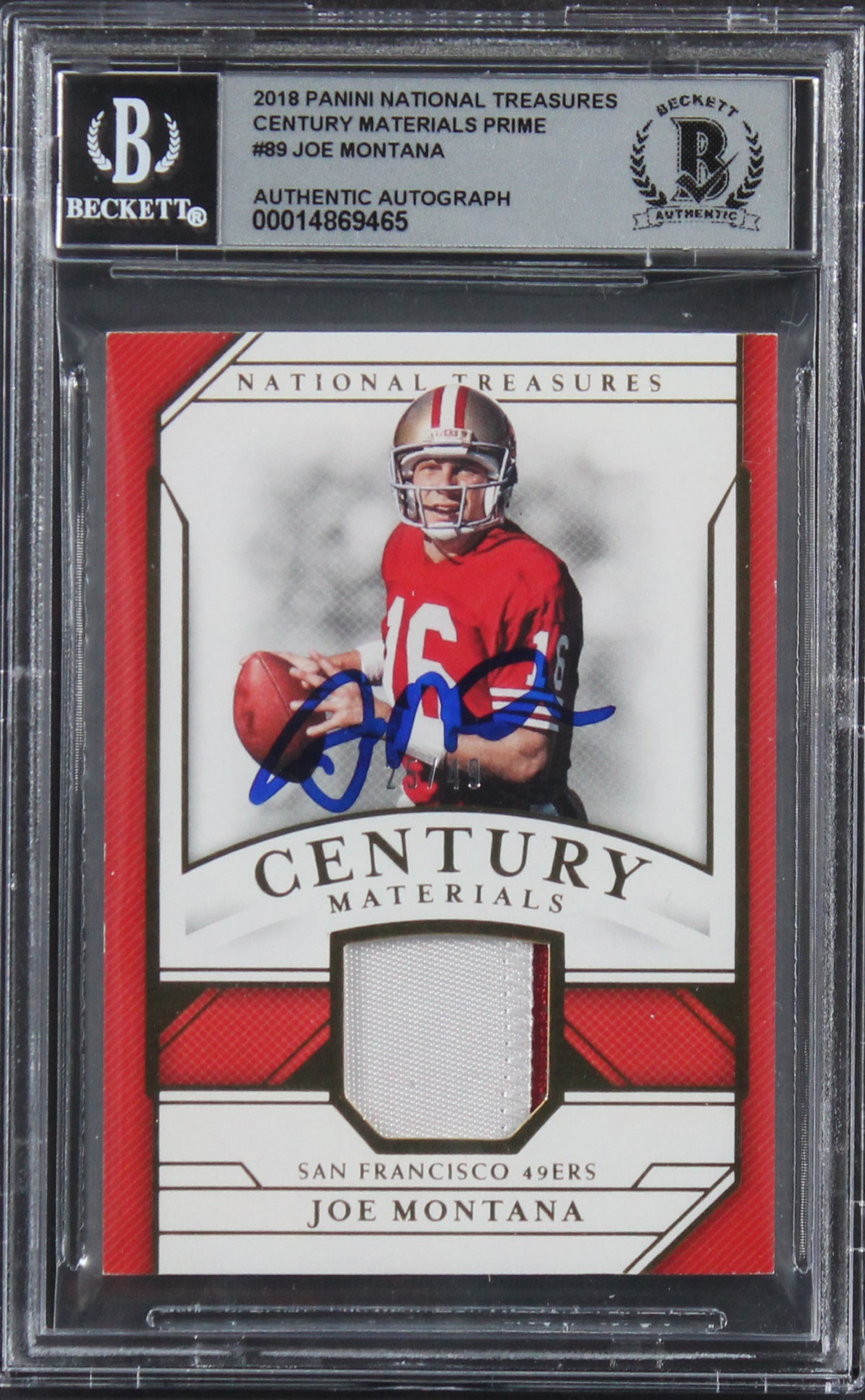 Joe Montana Signed 2018 Panini National Treasure Prime #89 Card Auto 10 BAS Slab