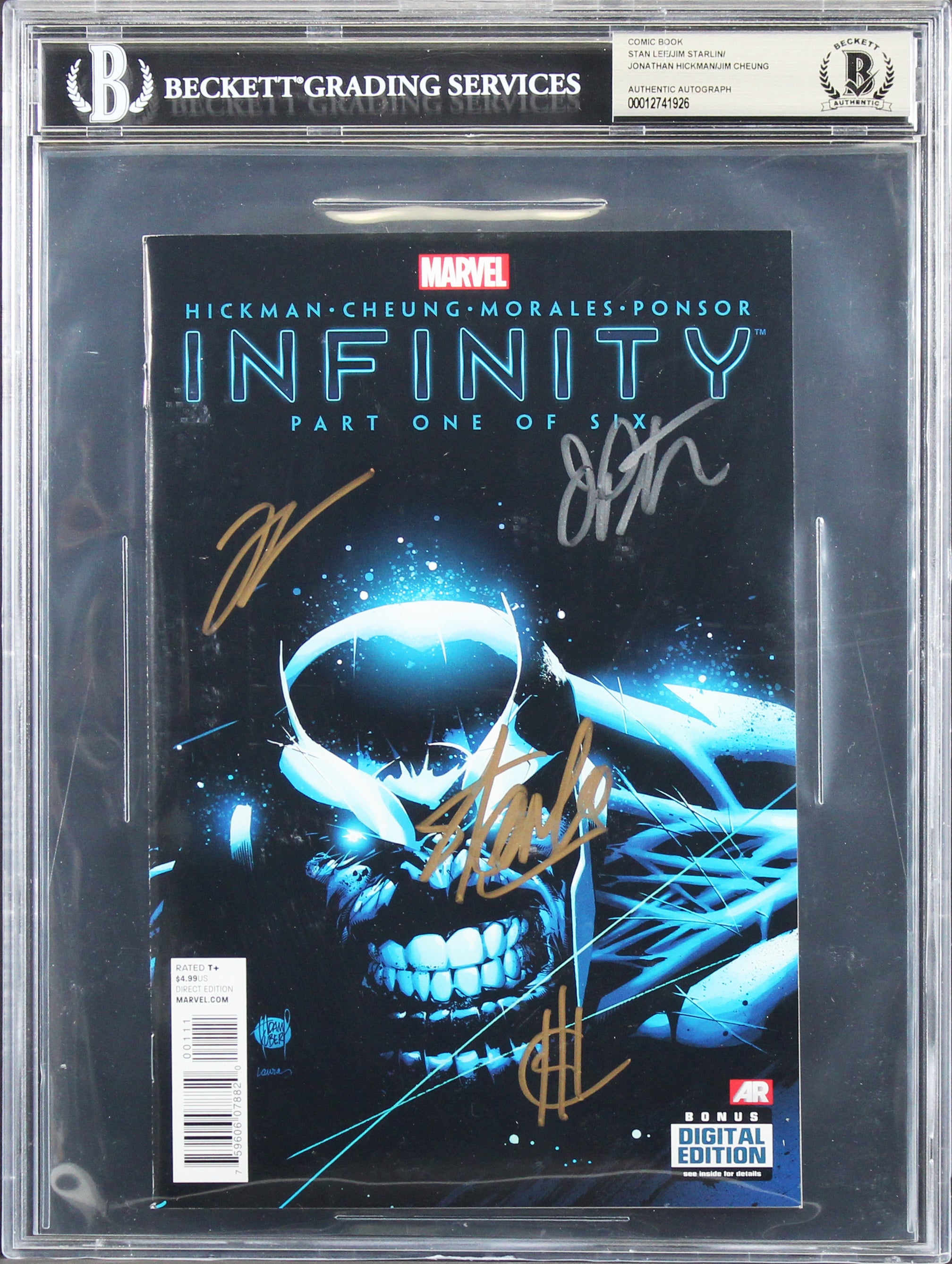 Stan Lee, Starlin, Hickman & Cheung Signed Infinity Part 1 of 6 Comic BAS Slab