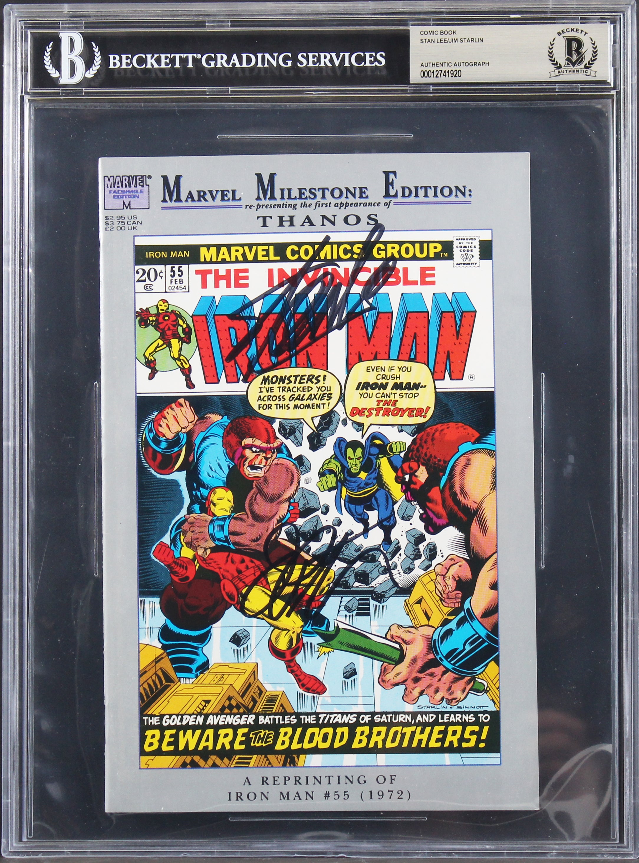 Stan Lee & Jim Starlin Signed The Invincible Iron Man #55 Reprint Comic BAS Slab