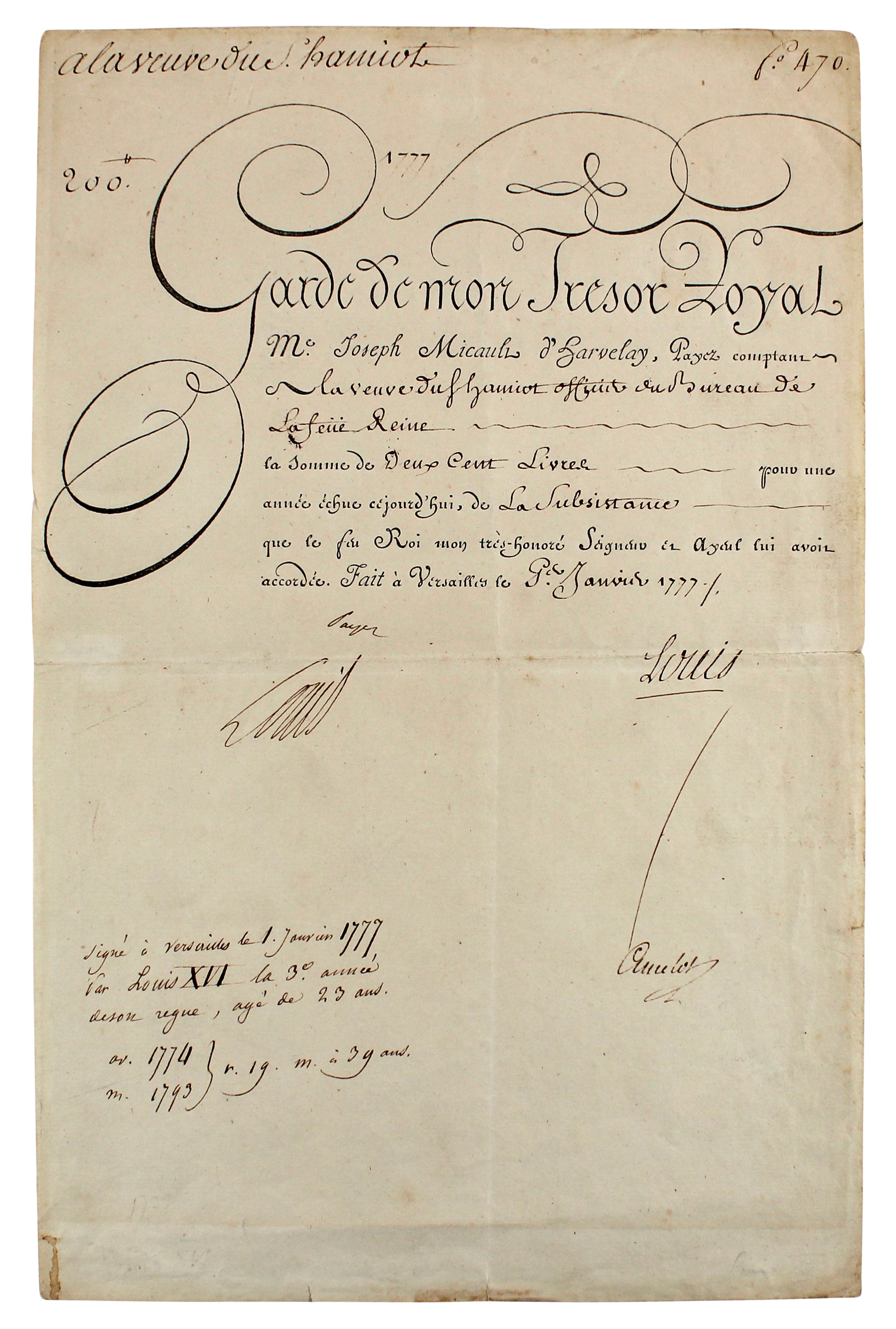 King Louis XVI Authentic Signed 9.5x14.5 1777 Pay Order Document BAS #AB76511