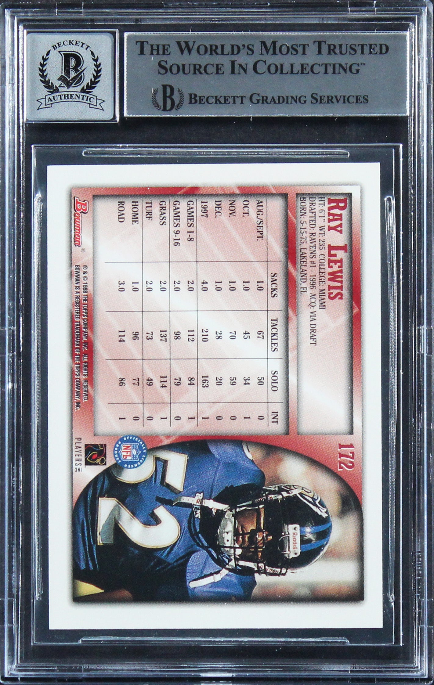 Ravens Ray Lewis Authentic Signed 1998 Bowman #172 Card Auto 10! BAS Slabbed