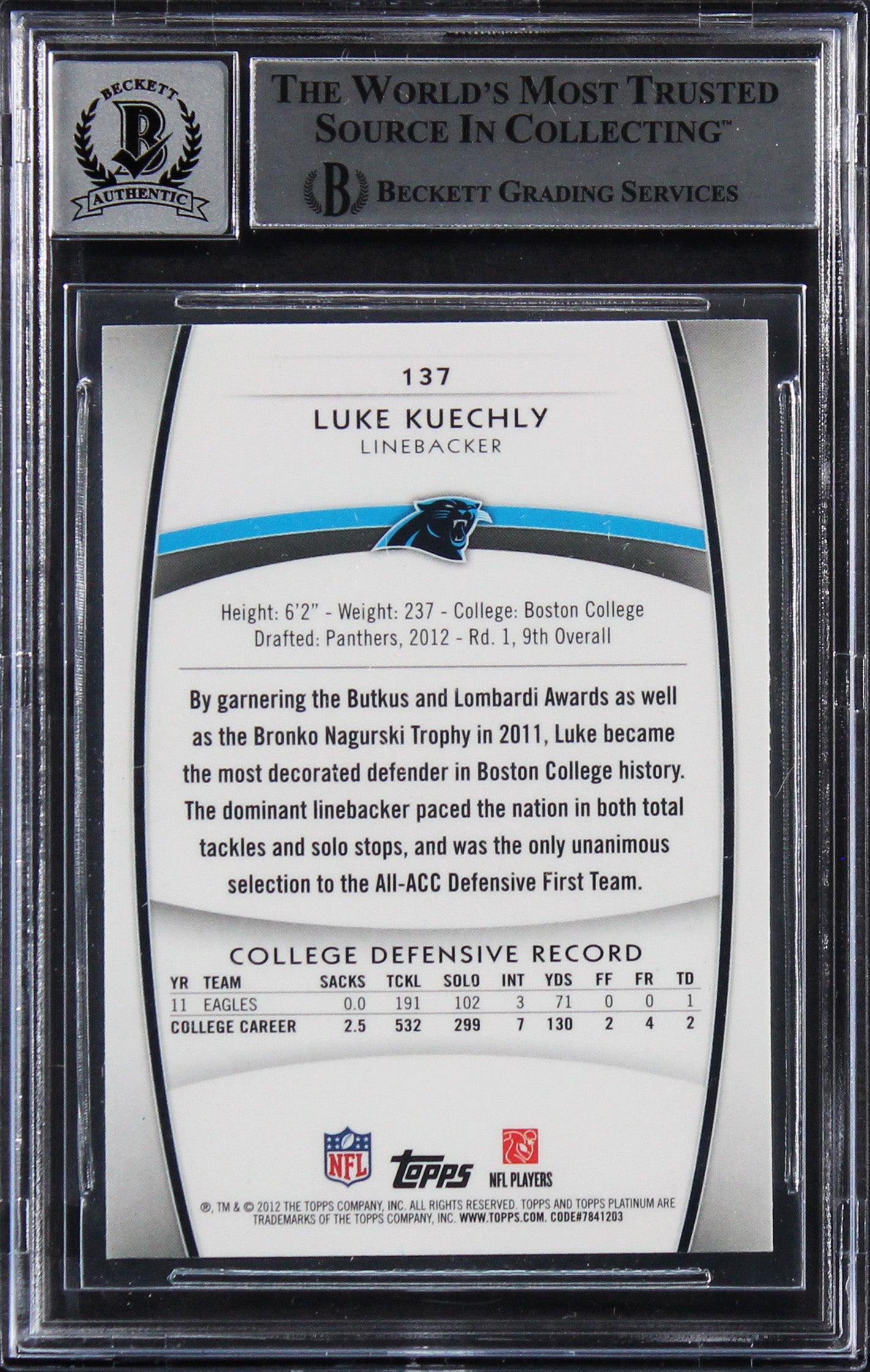 Luke Kuechly Signed 2012 Topps Platinum #137 Rookie Card Auto 10! BAS Slabbed