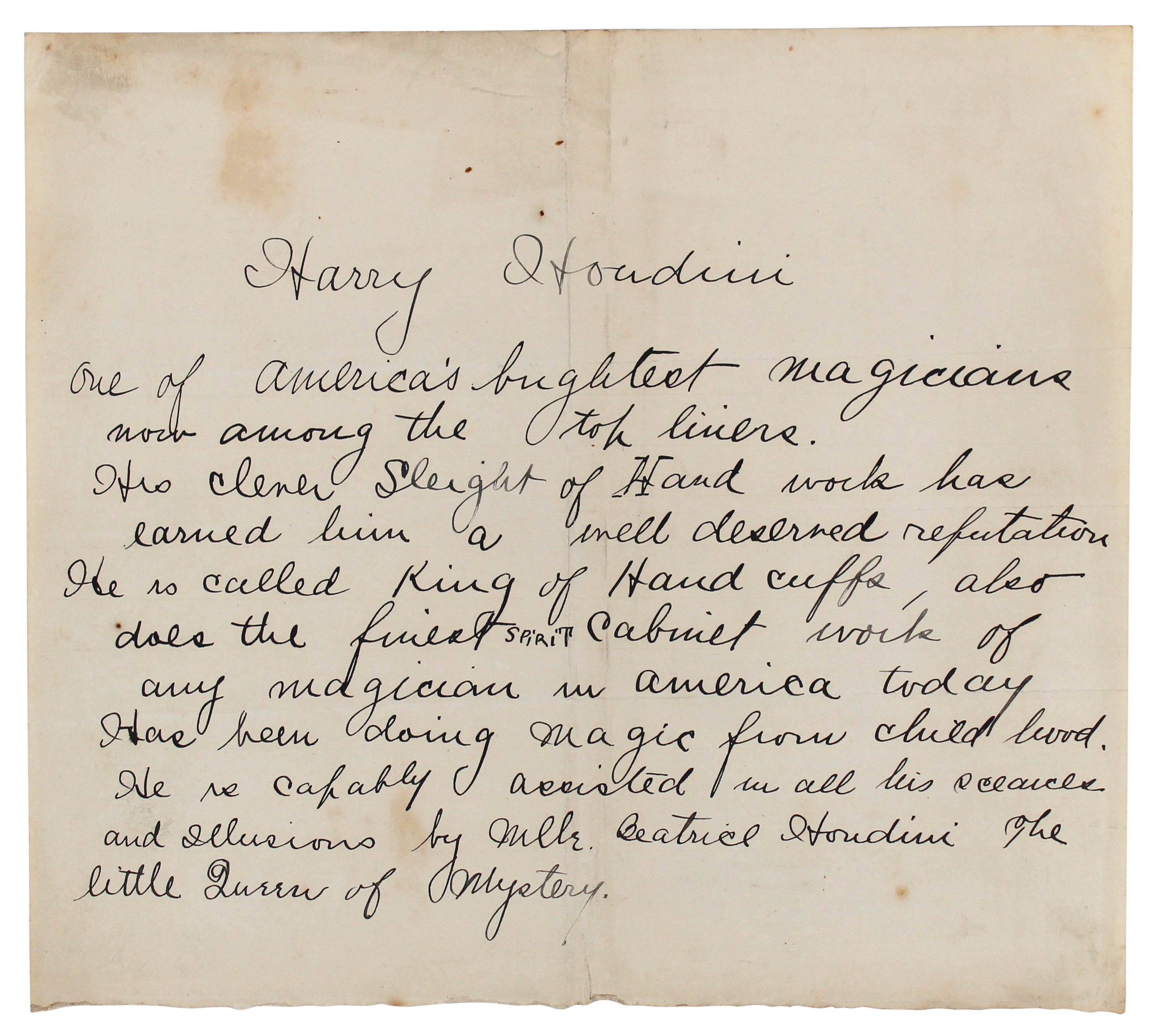 Harry Houdini Authentic Signed 7.25x8.25 Handwritten Press Release BAS #AB76510