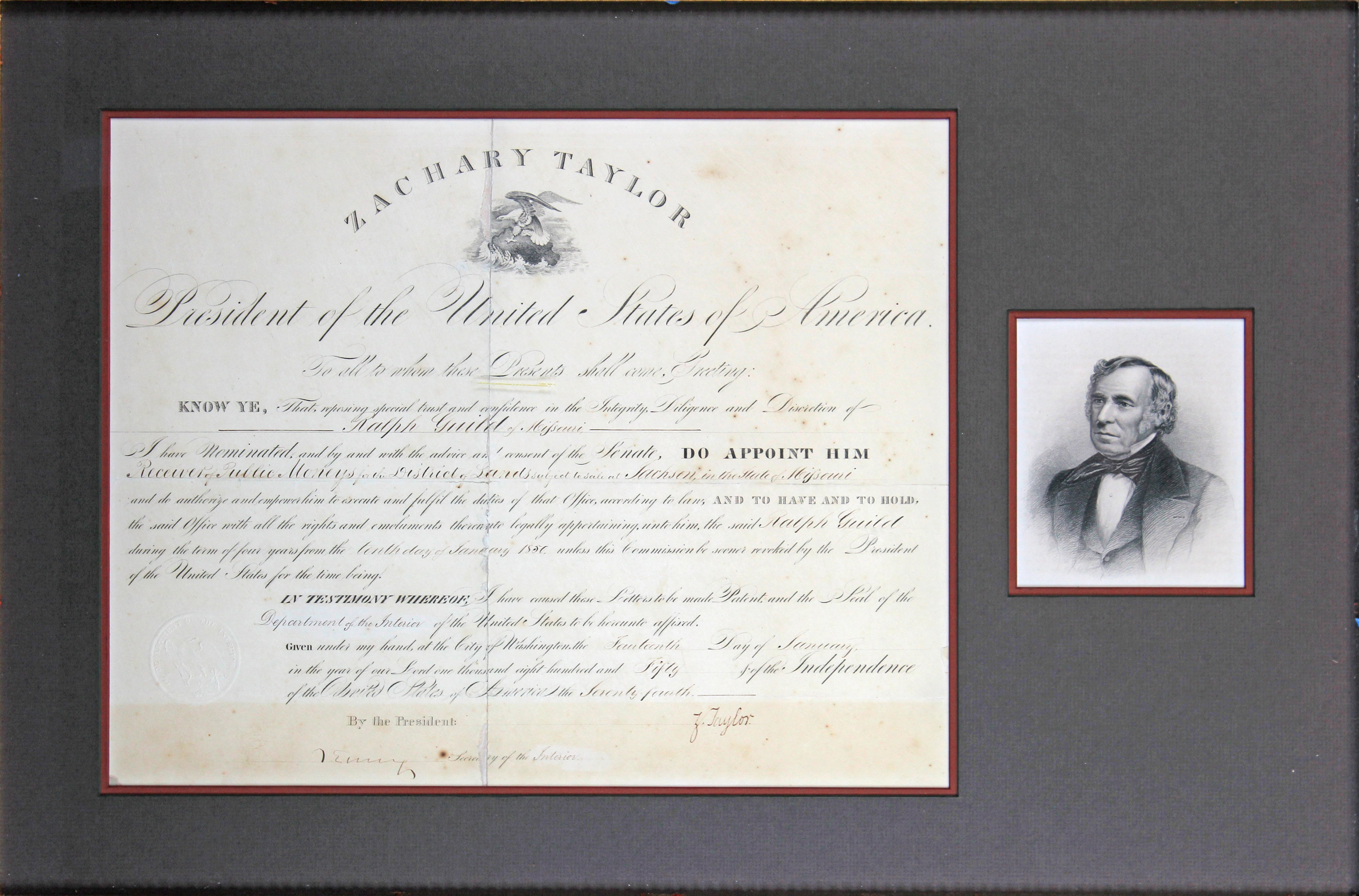 Zachary Taylor Authentic Signed 12.5x16 Framed Document Autographed BAS #A39872