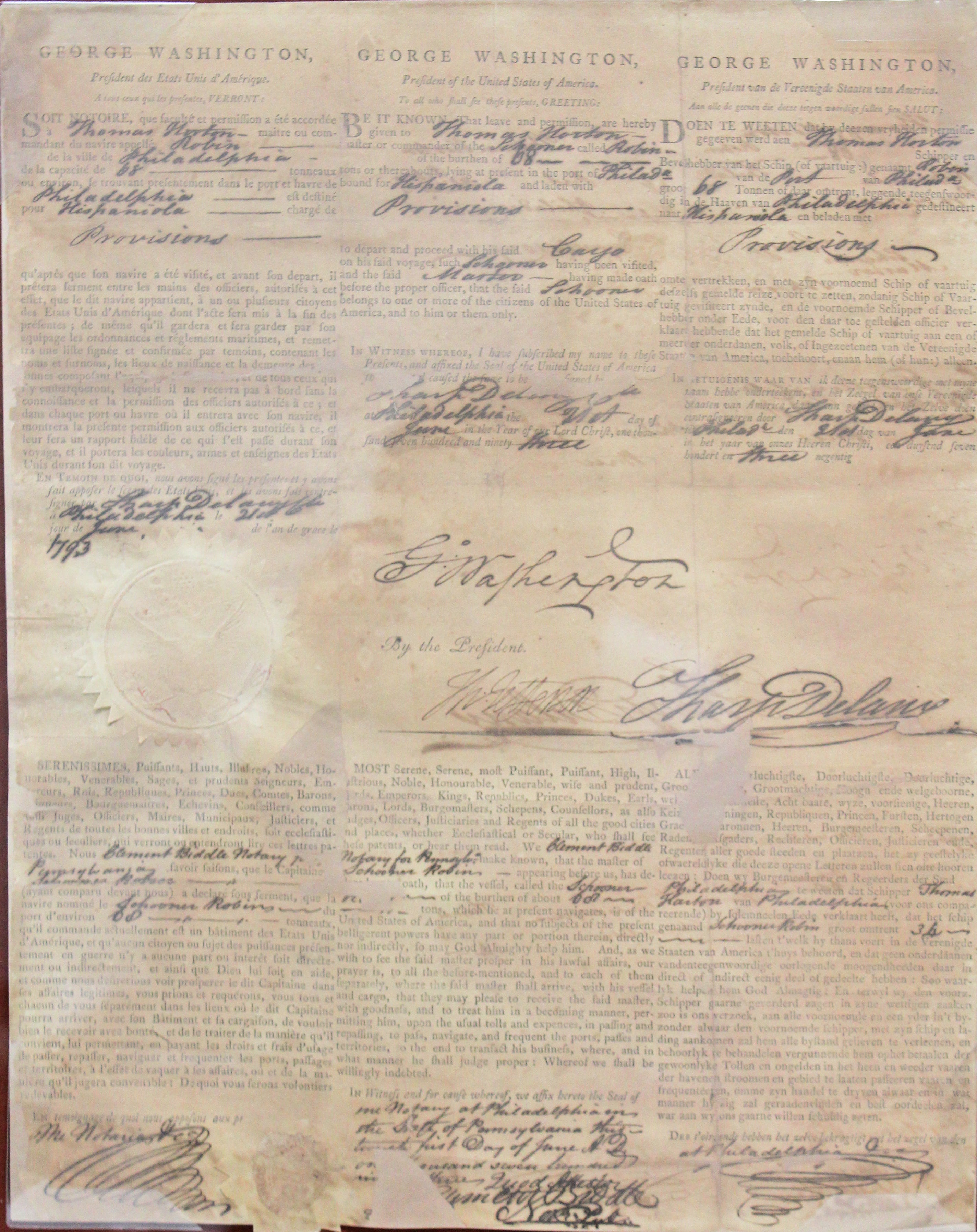 George Washington & Thomas Jefferson Signed 12.75x16 1793 Ship's Passport BAS