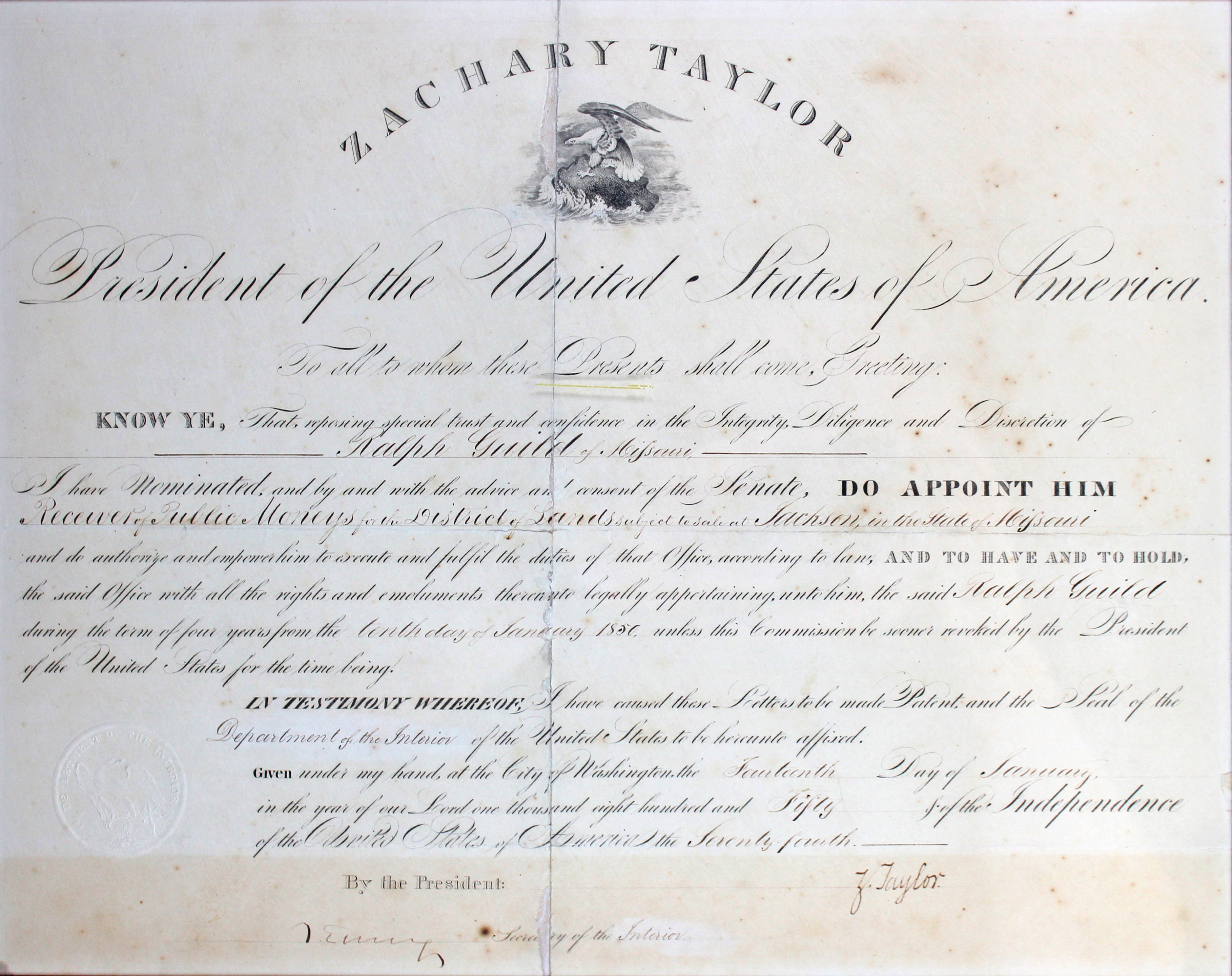 Zachary Taylor Authentic Signed 12.5x16 Framed Document Autographed BAS #A39872