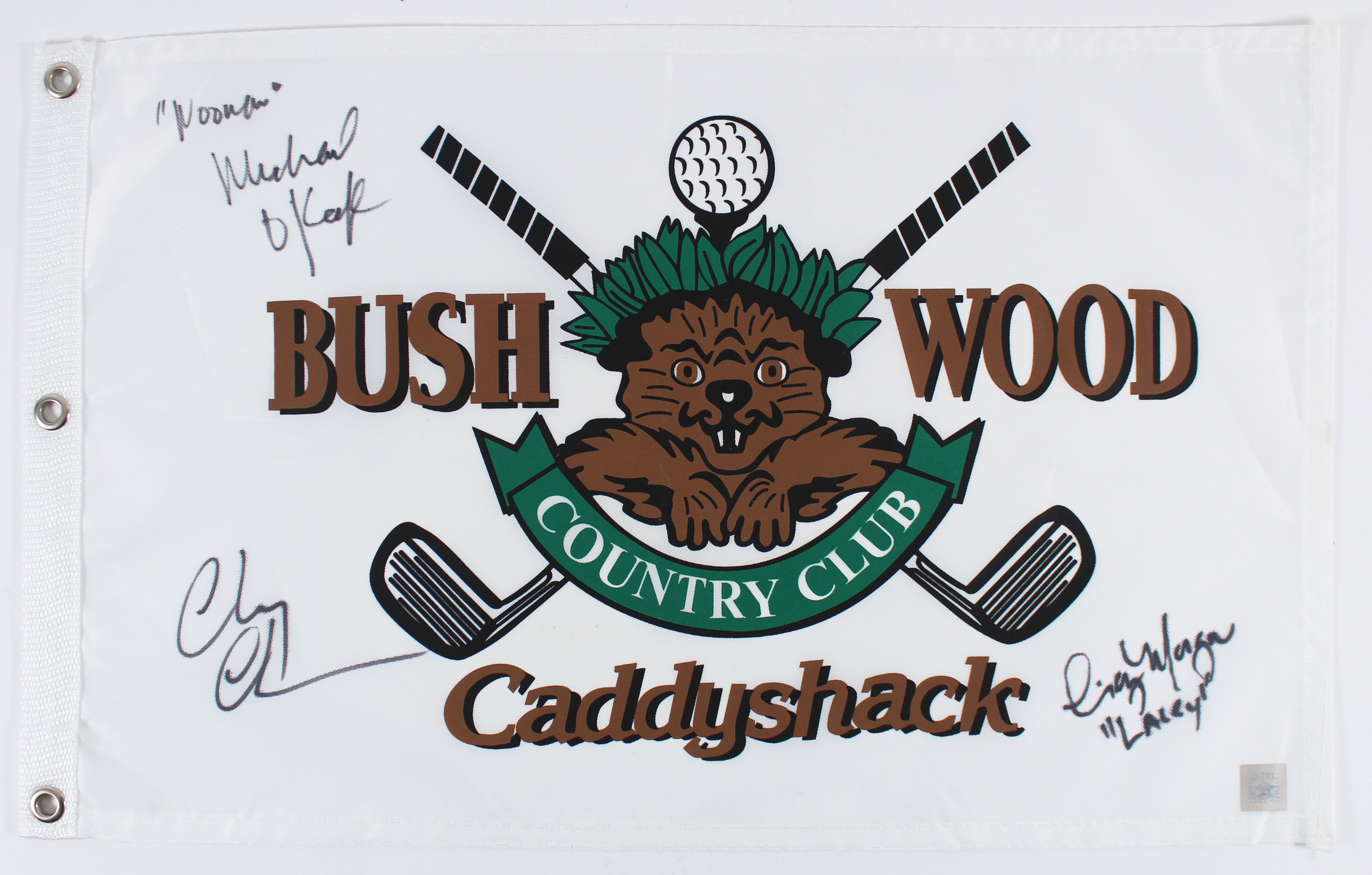 Caddyshack (3) Chase, Morgan & O'Keefe Signed Bushwood Flag PSA/DNA #Z05370