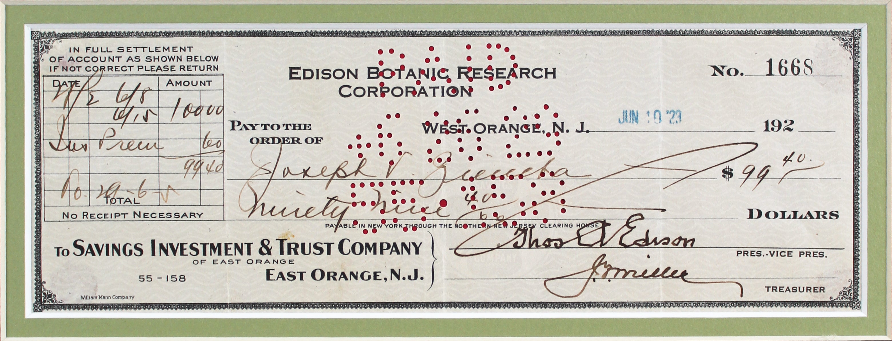 Thomas Edison Authentic Signed & Framed 3x8.5 1923 EBRC Check BAS #AB76507