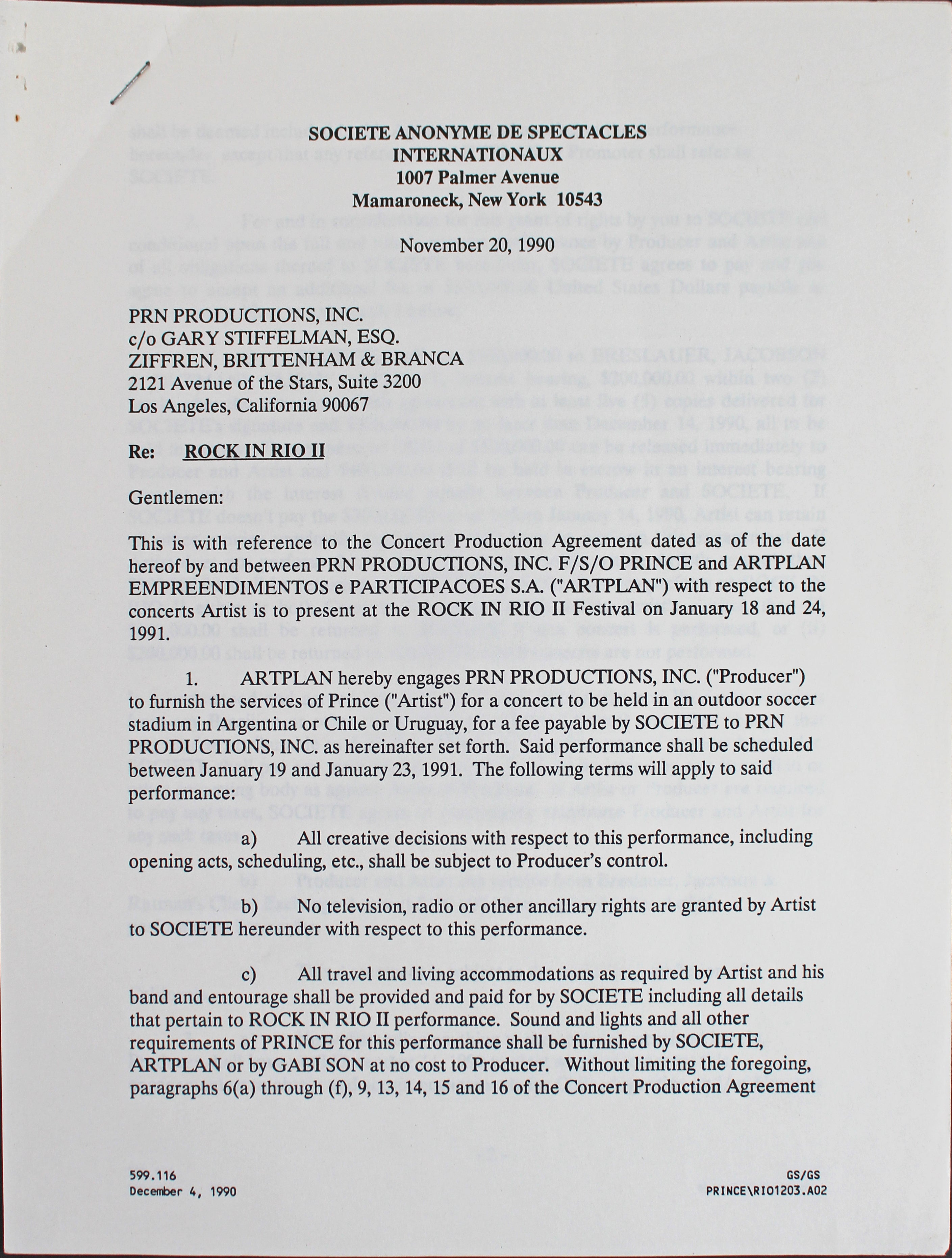 Prince Nelson Signed 8.5x11 3 Page Contract Dated November 20, 1990 BAS #A57637