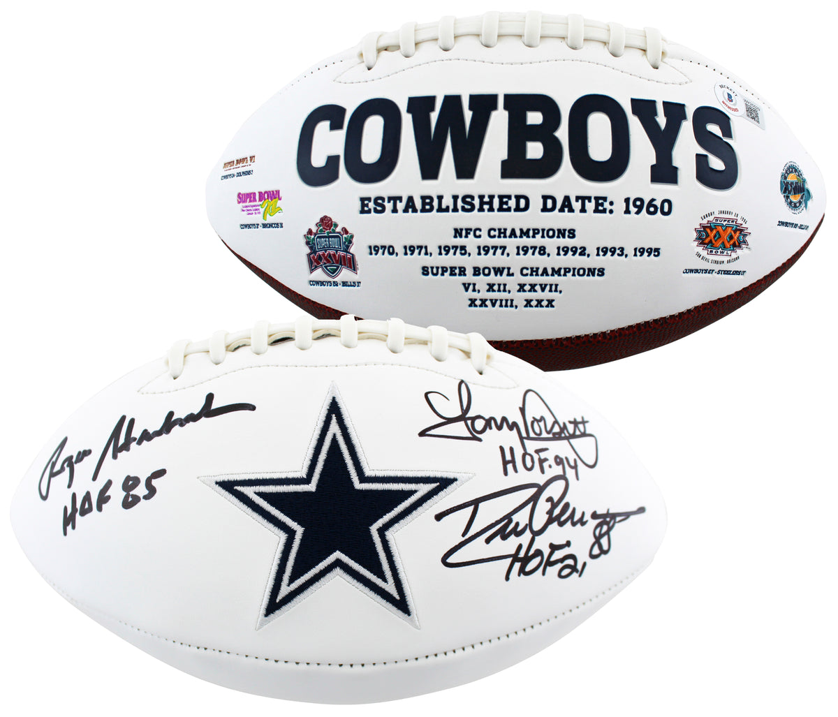 Cowboys (3) Staubach, Dorsett & Pearson Signed White Panel Logo Football BAS Wit