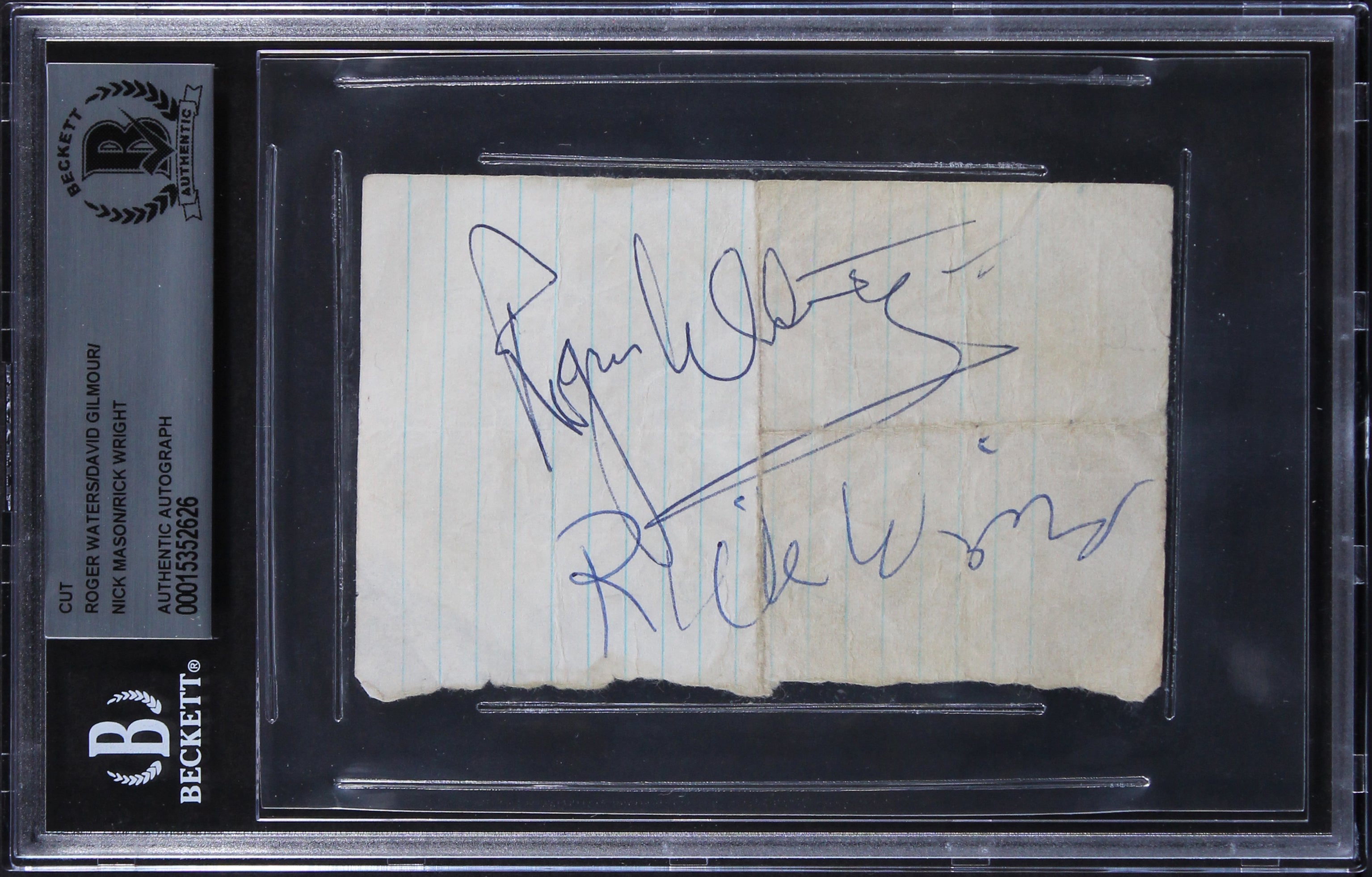 Pink Floyd (5) Gilmour, Waters, Wright, Mason Signed 2.75x4.25 Cut Sig BAS Slab