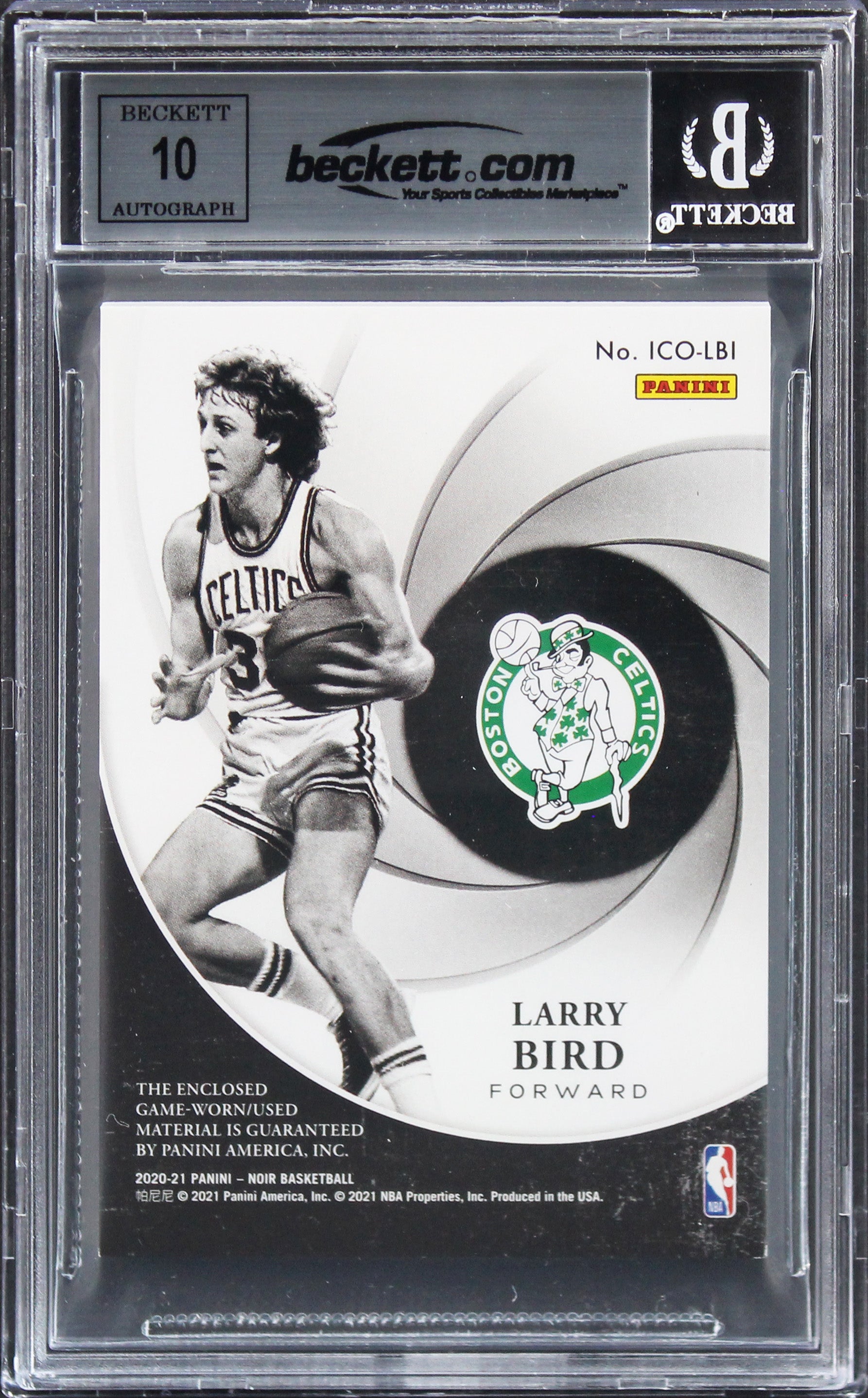 Celtics Larry Bird Signed 2020 Panini Noir Icons Mem #1 #69/99 Card BAS Slabbed