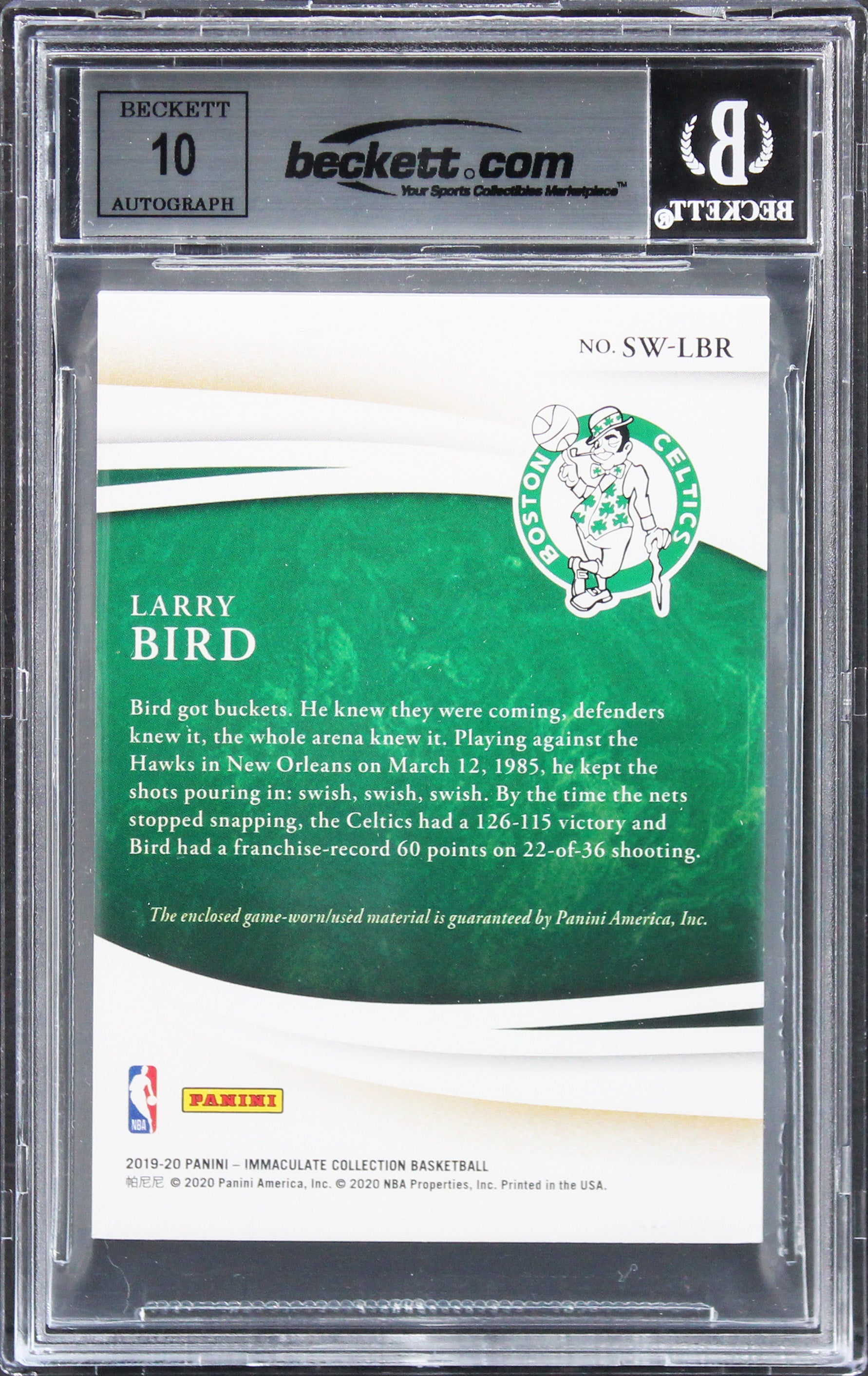 Larry Bird Signed 2019 Immaculate Collection Swatches #2 Card Auto 10! BAS Slab