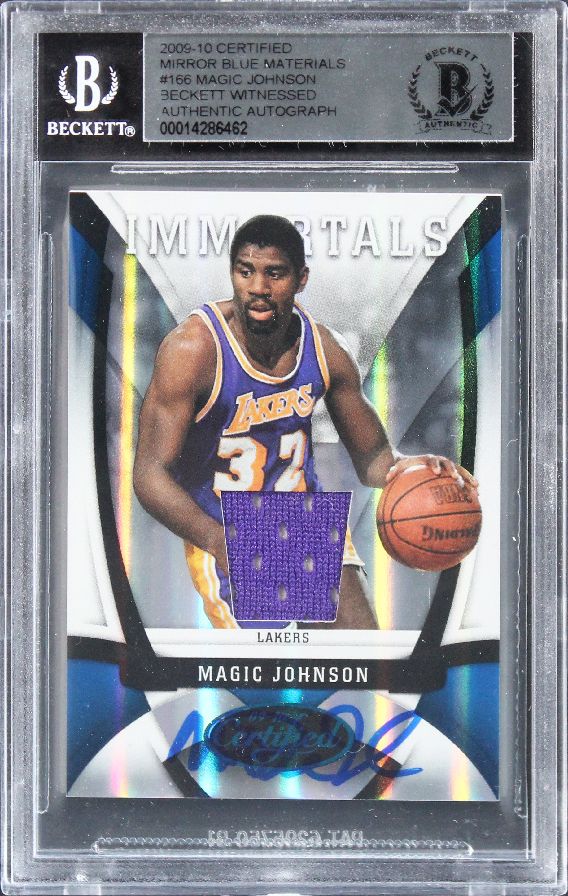 Magic Johnson Signed 2009 Certified Mirror Blue #166 19/50 Card Auto 10 BAS Slab