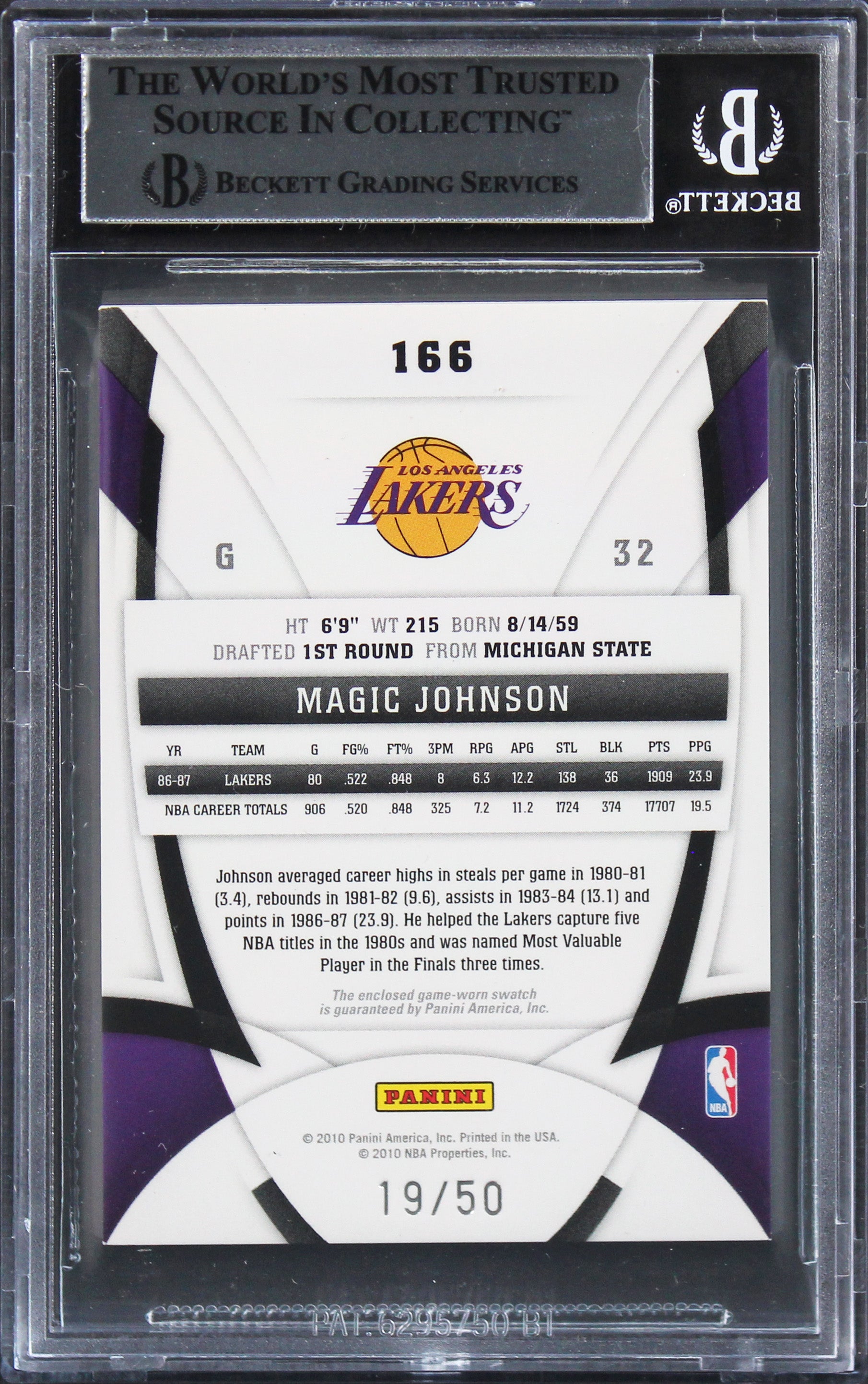 Magic Johnson Signed 2009 Certified Mirror Blue #166 19/50 Card Auto 10 BAS Slab
