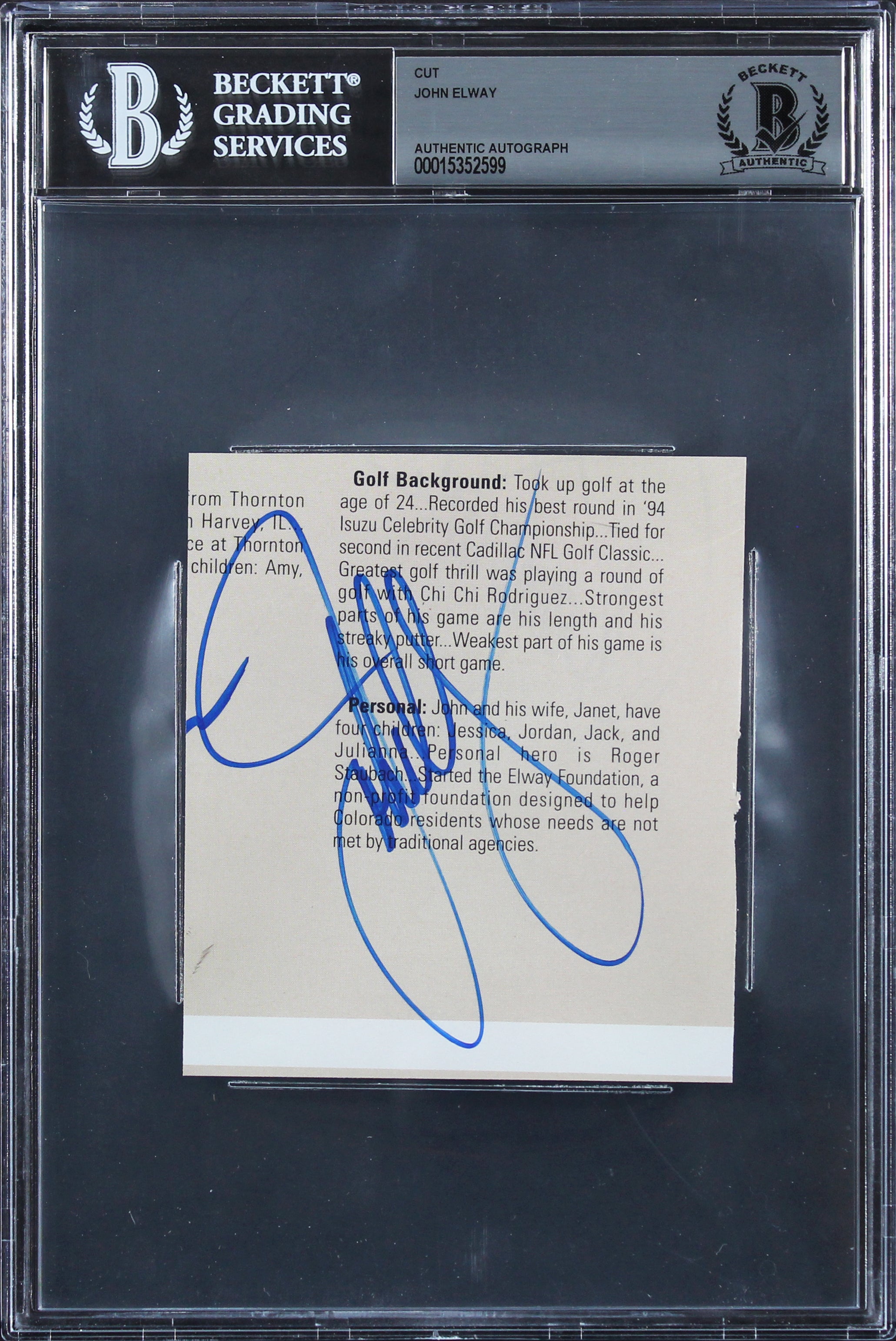 Broncos John Elway Authentic Signed 3.75x4.25 Cut Signature BAS Slabbed