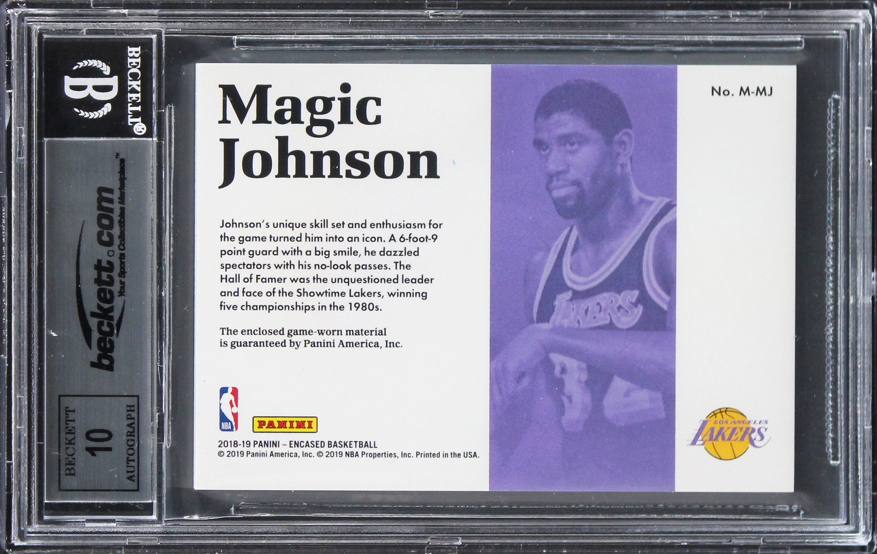 Magic Johnson Signed 2018 Panini Encased Mat #47 #25/99 Card Auto 10 BAS Slabbed