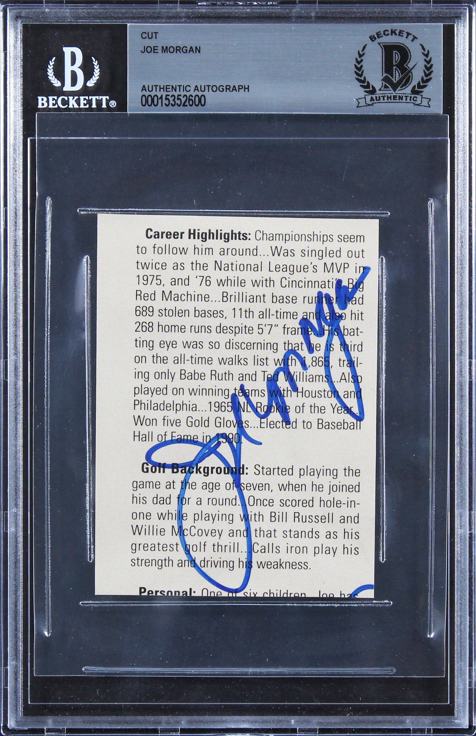 Reds Joe Morgan Authentic Signed 2.75x3.75 Cut Signature BAS Slabbed