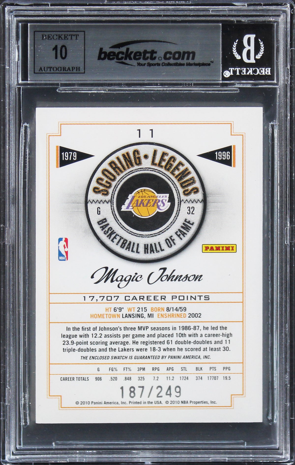 Lakers Magic Johnson Signed 2009 HOF Game Threads #11 Card Auto 10! BAS Slabbed