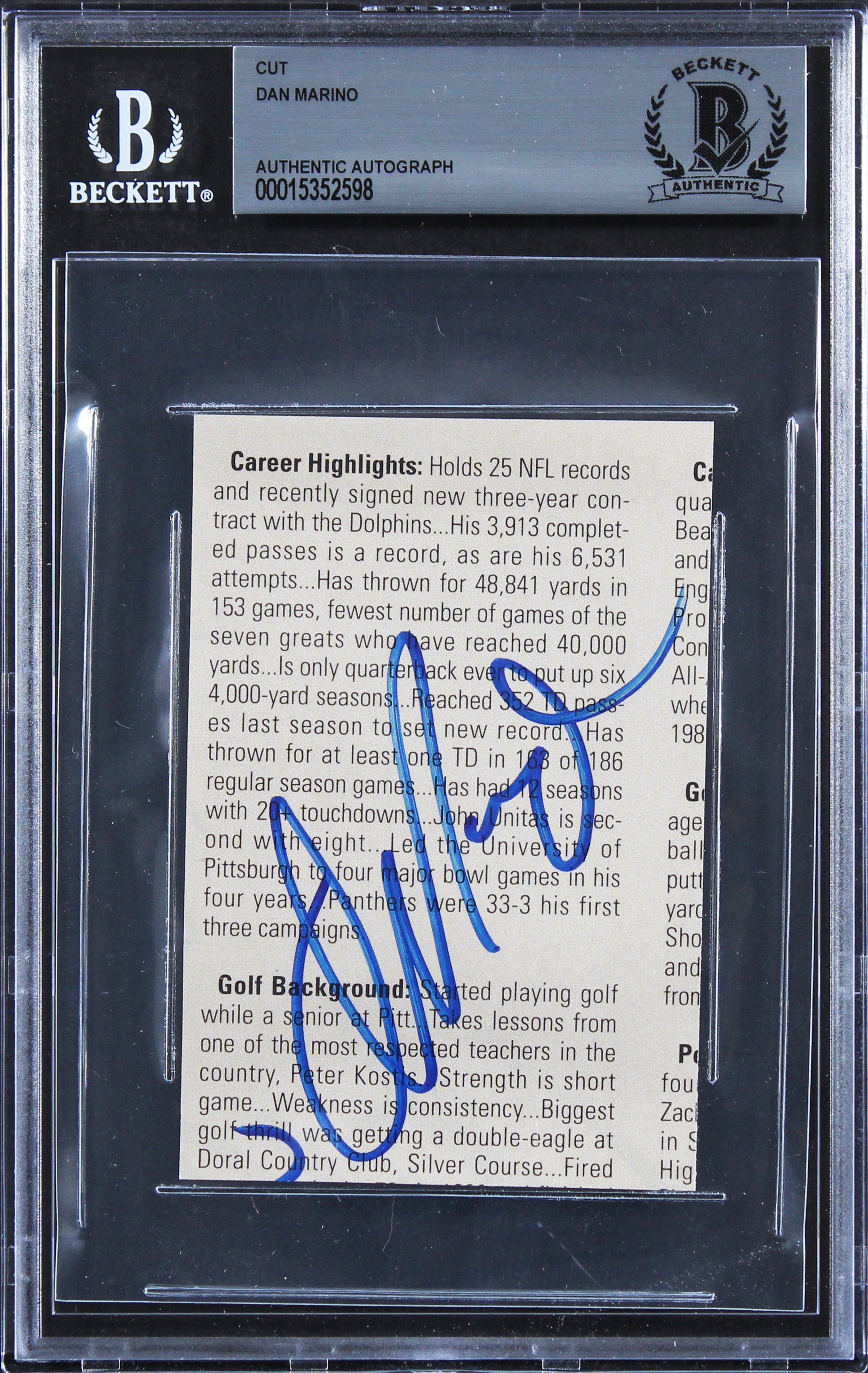 Dolphins Dan Marino Authentic Signed 2.75x4 Cut Signature BAS Slabbed
