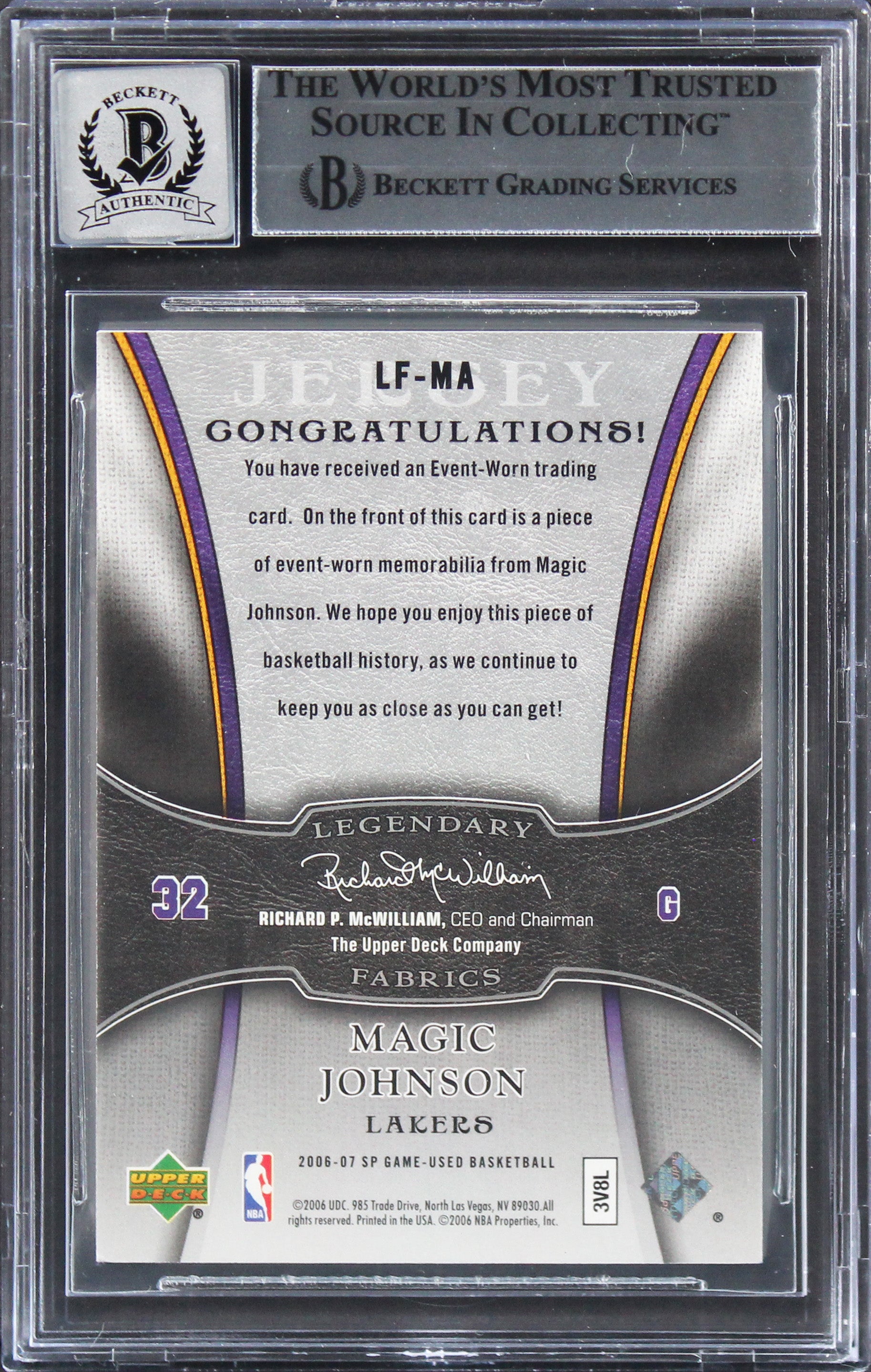 Magic Johnson Signed 2006 SP Game Used Fabrics #MA 33/100 Card Auto 10! BAS Slab