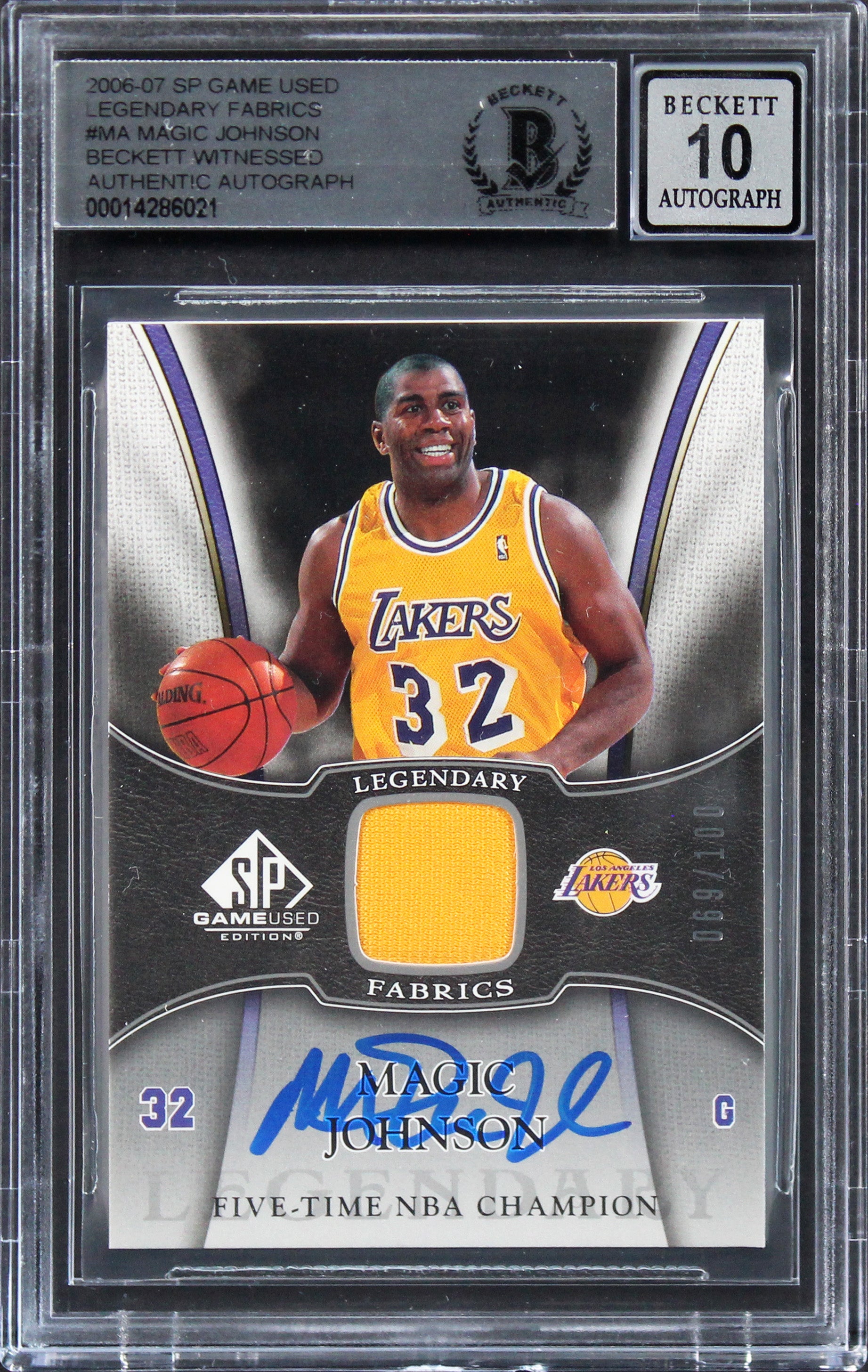 Magic Johnson Signed 2006 SP Game Used Fabrics #MA 69/100 Card Auto 10! BAS Slab