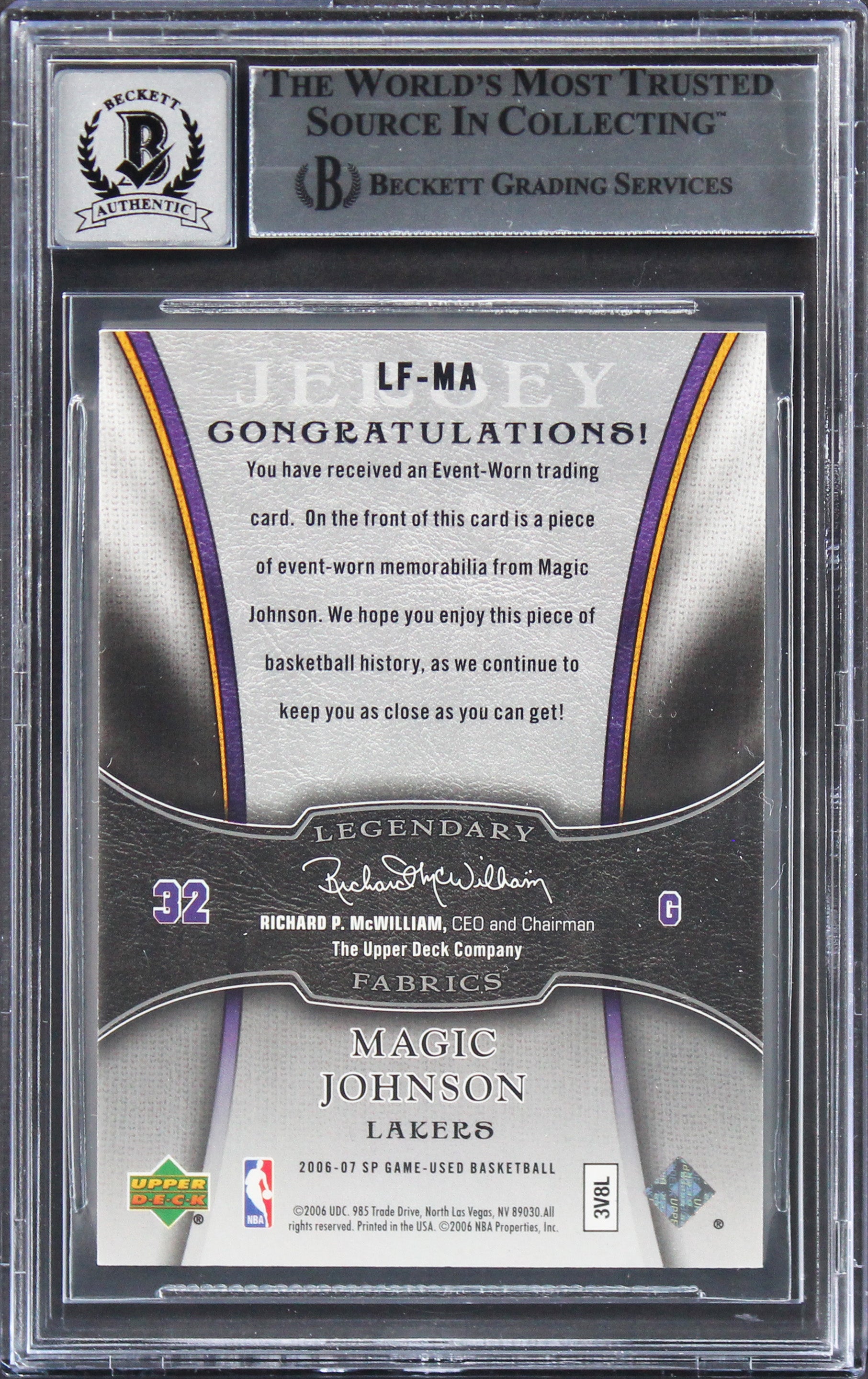 Magic Johnson Signed 2006 SP Game Used Fabrics #MA 69/100 Card Auto 10! BAS Slab