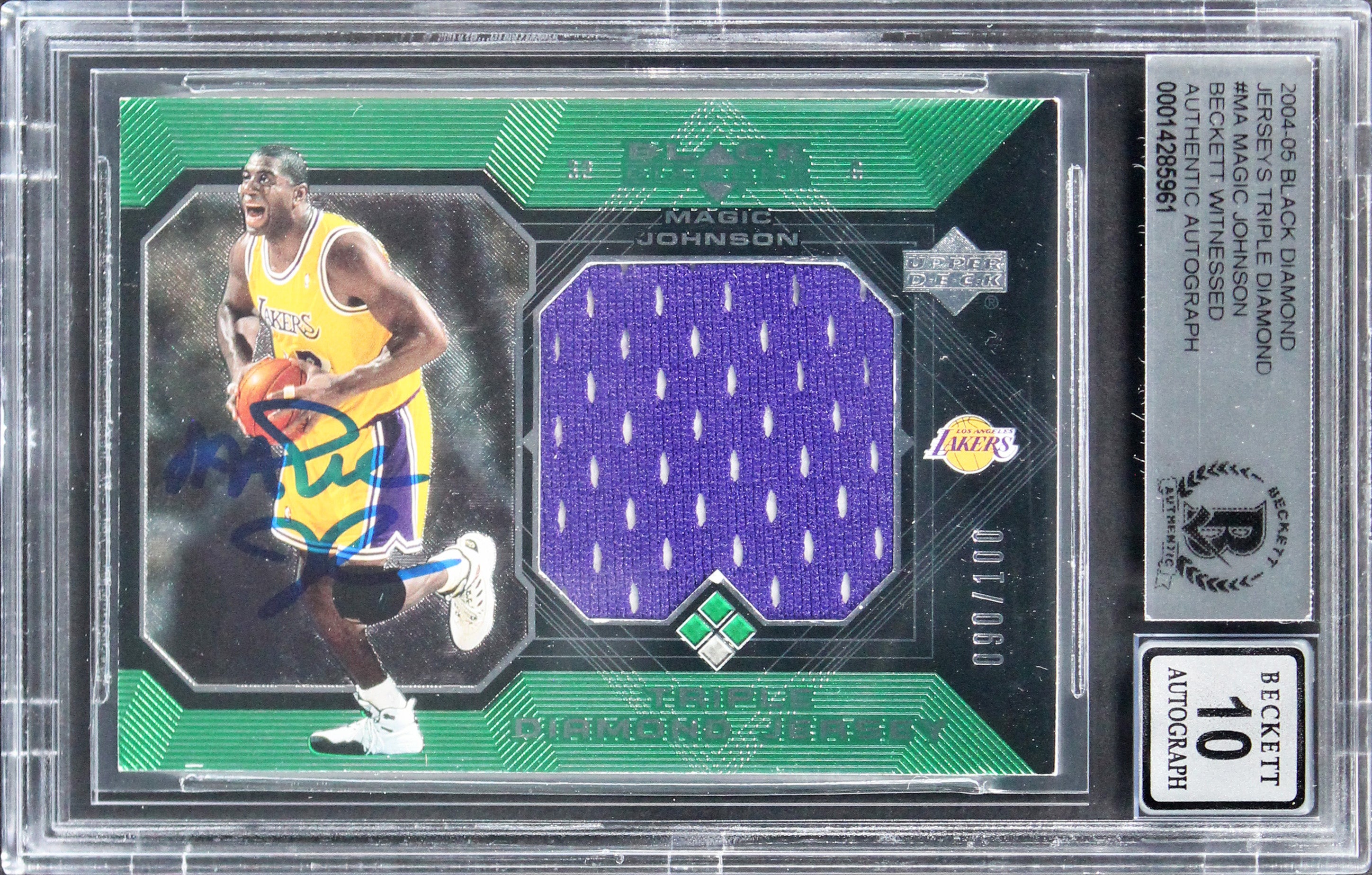 Magic Johnson Signed 2004 Black Diamond Triple #MA #90/100 Card Auto 10 BAS Slab