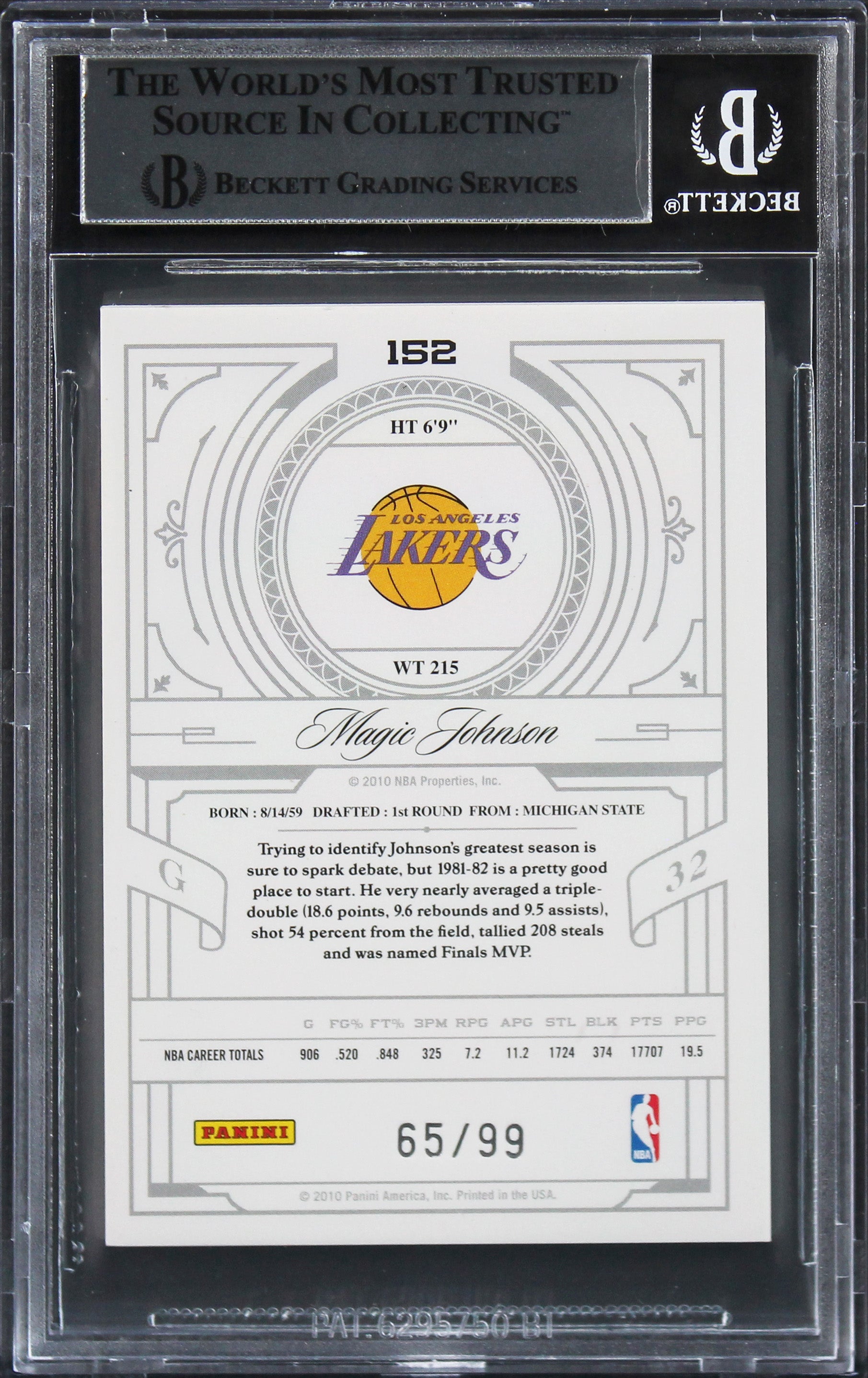 Magic Johnson Signed 2009 National Treasures #152 #65/99 Card Auto 10! BAS Slab