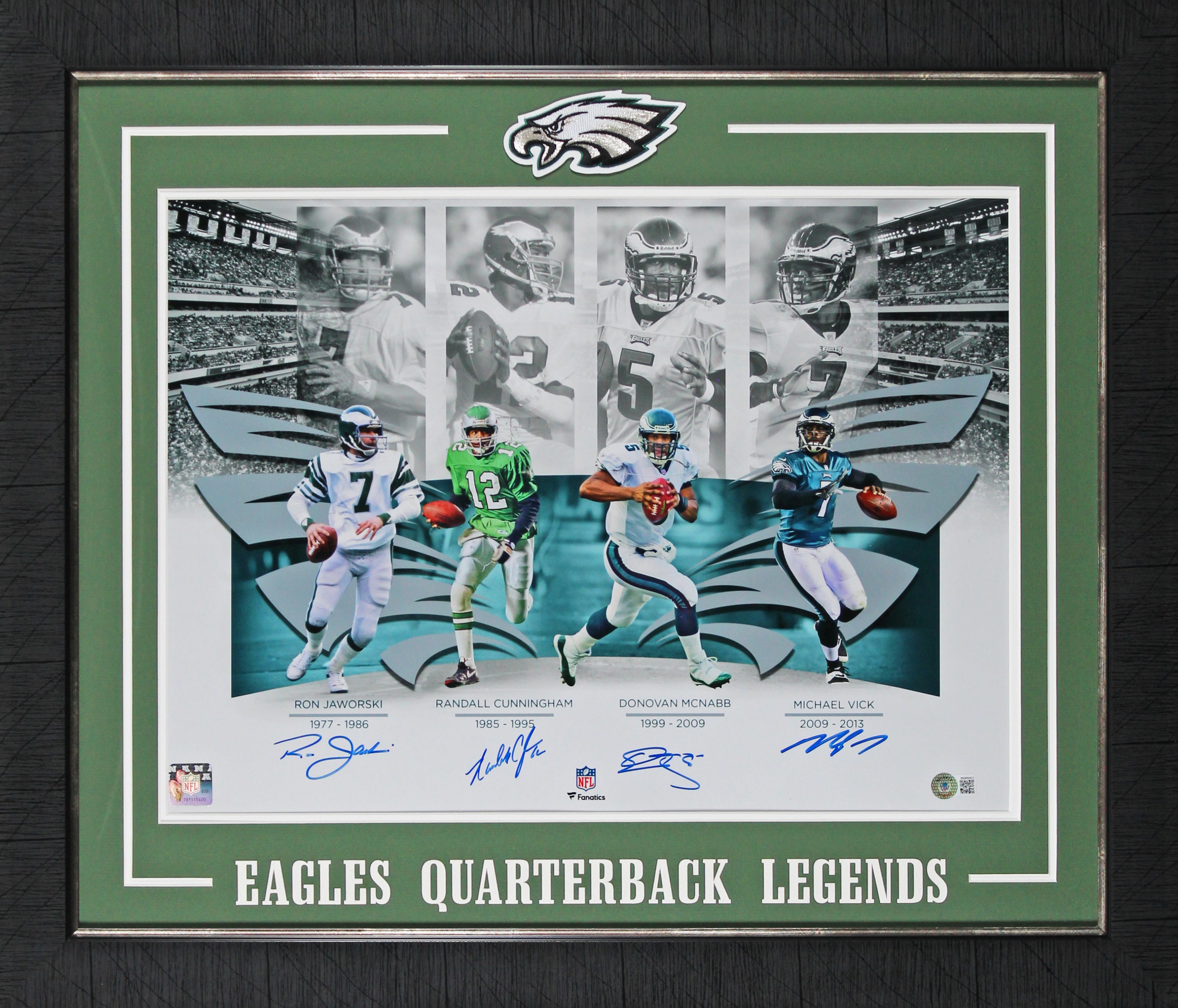 Eagles QBs (4) McNabb, Cunningham, Jaworski & Vick Signed 16x20 Framed Photo BAS