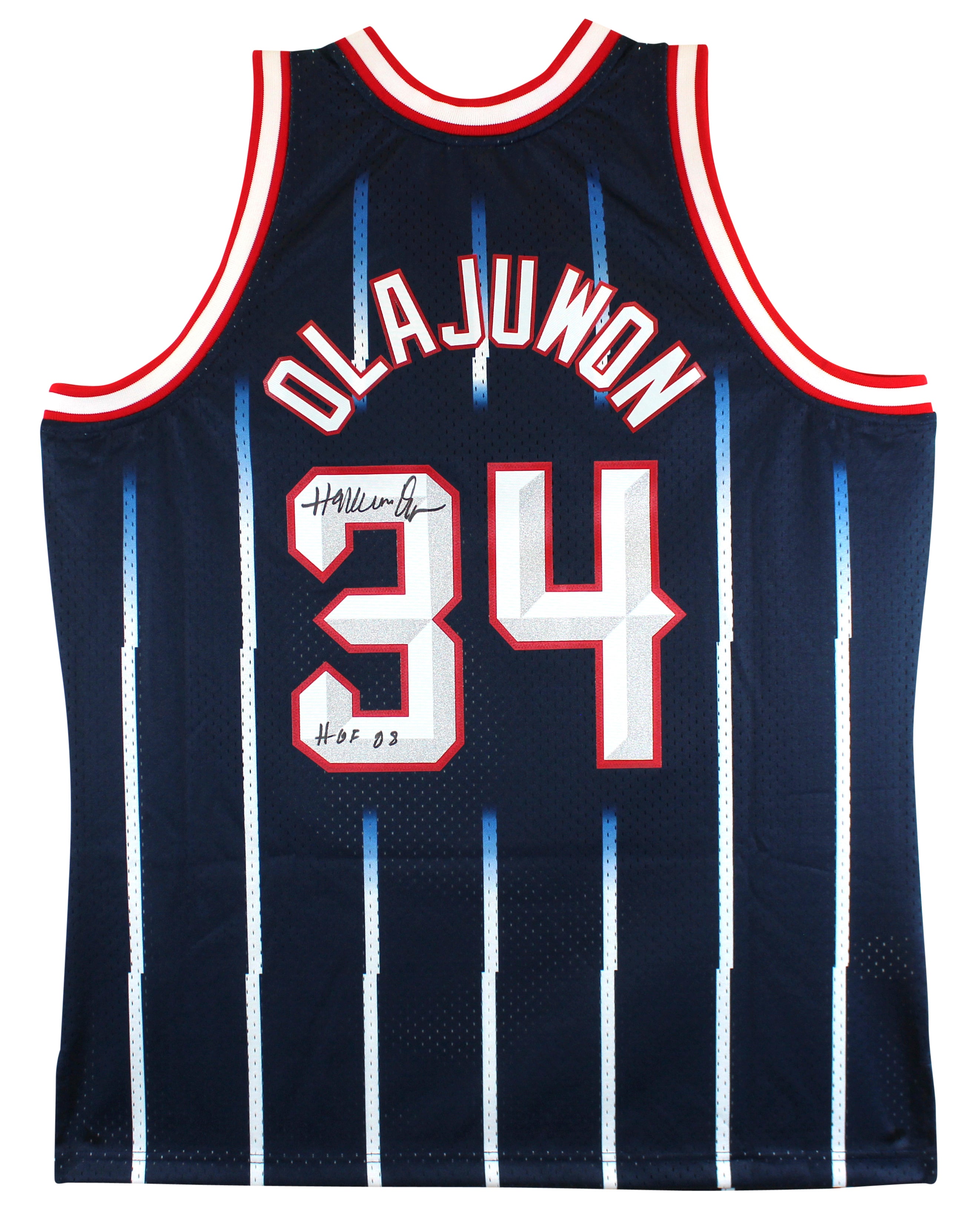 Rockets Hakeem Olajuwon HOF 08 Signed Navy Blue Mitchell Ness Jers