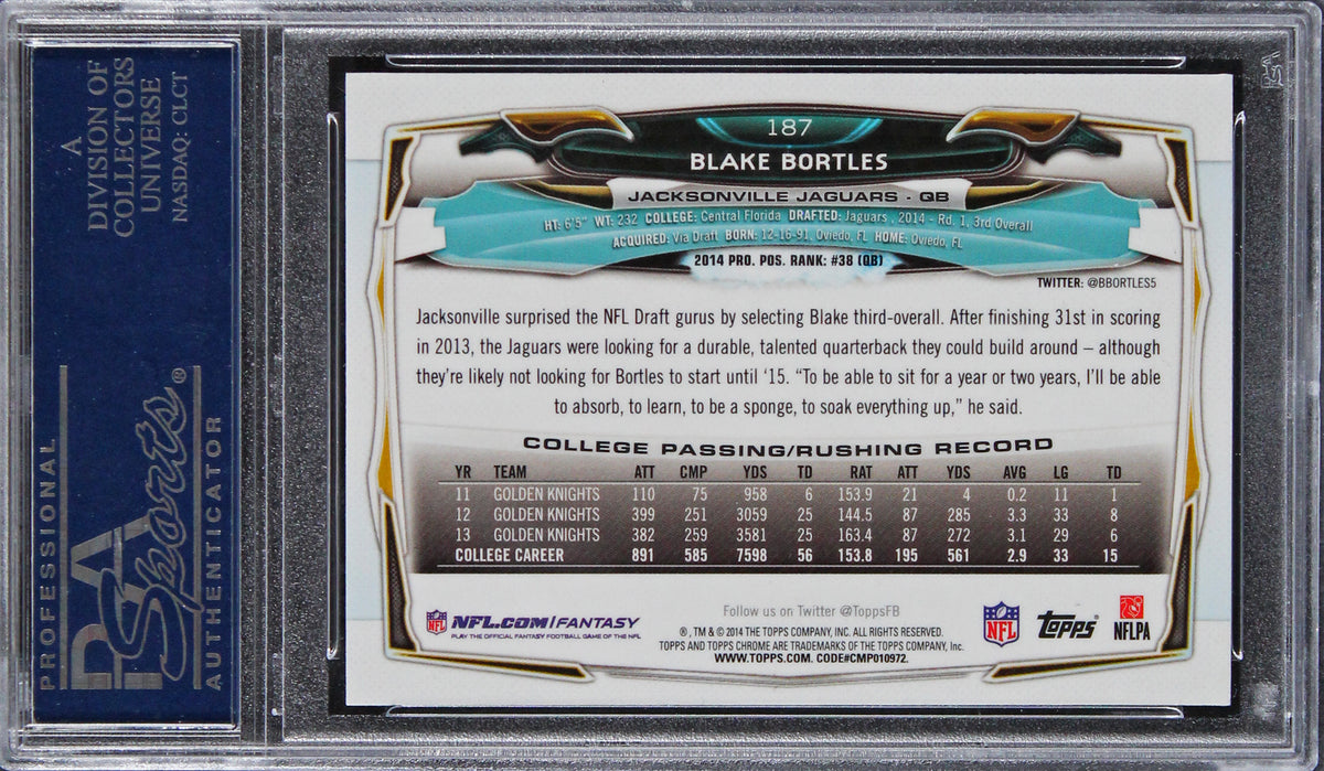 Jaguars Blake Bortles Signed Card 2014 Topps Chrome RC #187 PSA/DNA Slabbed B