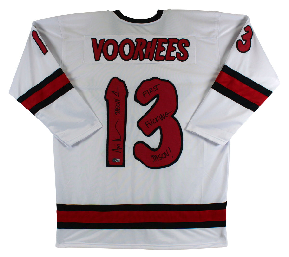 Ari Lehman "First F****** Jason" Signed White Jason Voorhees Hockey Jersey BAS 2