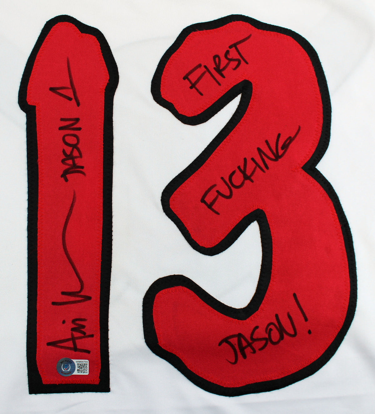 Ari Lehman "First F****** Jason" Signed White Jason Voorhees Hockey Jersey BAS 1
