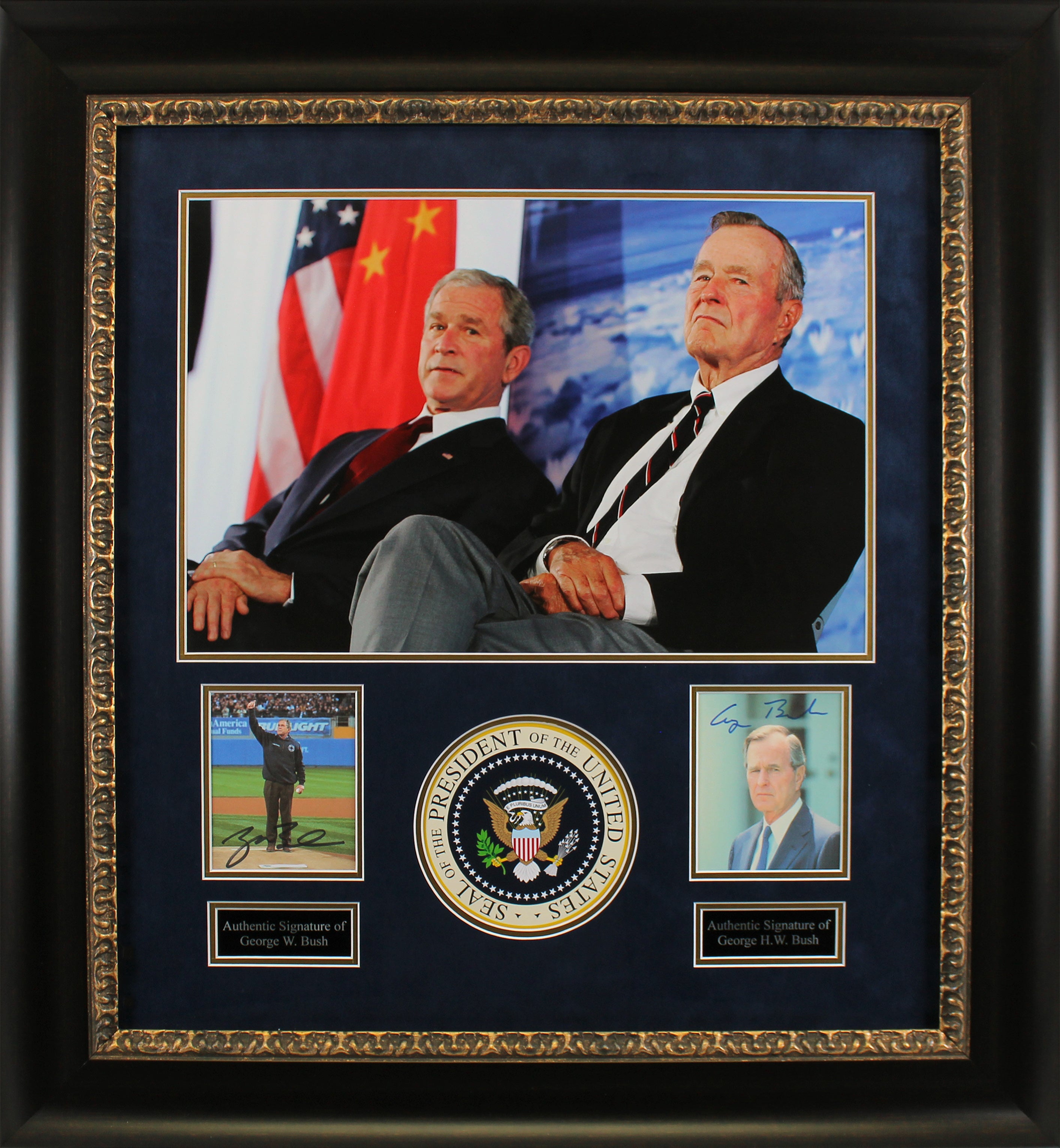 George H.W. Bush & George W. Bush Signed Cut Sig Framed Display BAS #AA03682