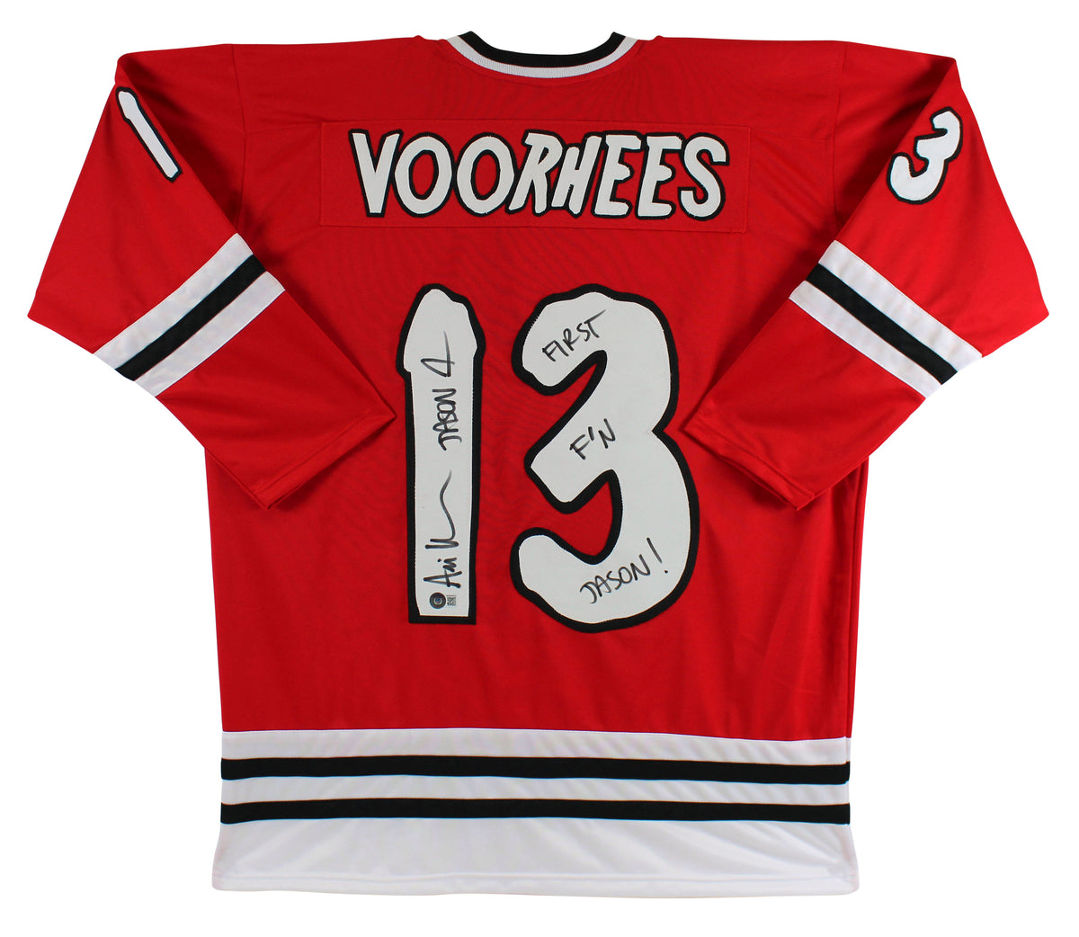 Ari Lehman First F'N Jason Signed Red Jason Voorhees Hockey Jersey BAS #WM00835
