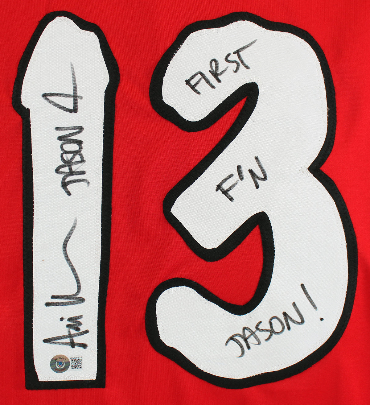 Ari Lehman First F'N Jason Signed Red Jason Voorhees Hockey Jersey BAS #WM00835