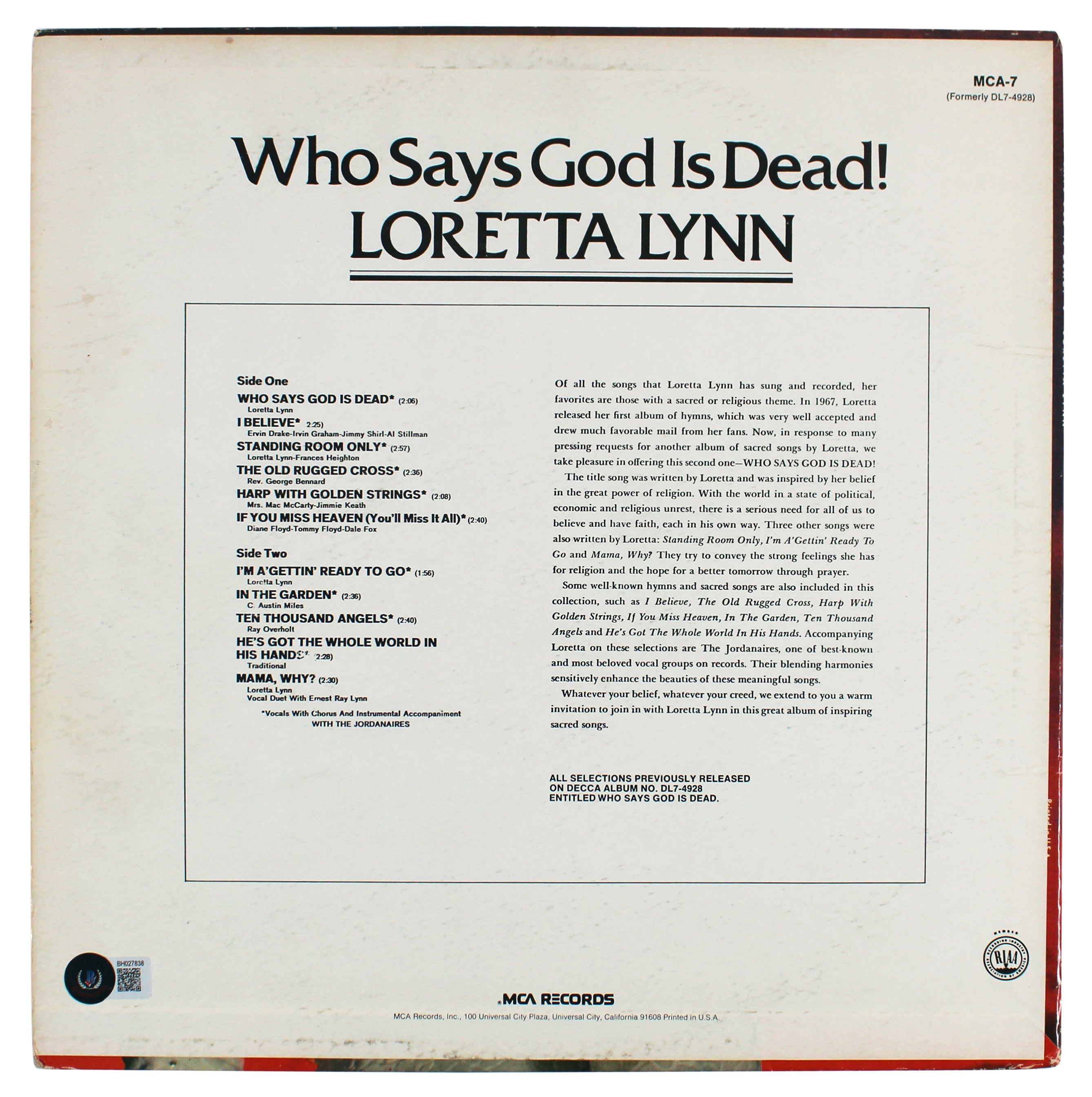 Loretta Lynn Authentic Signed Who Says God Is Dead Album Cover BAS #BH027838