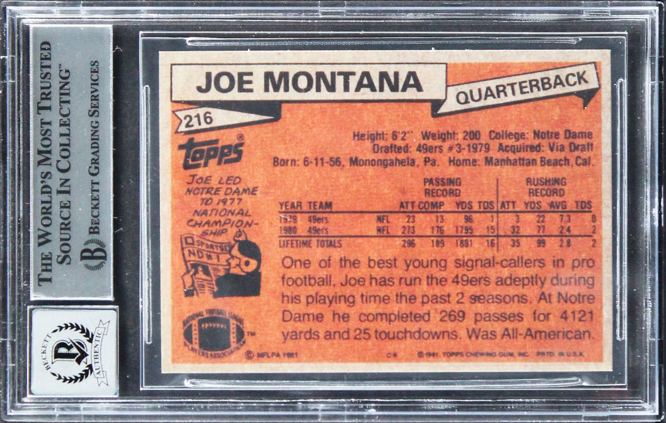 49ers Joe Montana Signed 1981 Topps #21 Rookie Reprint Card Auto 10! BAS Slabbed