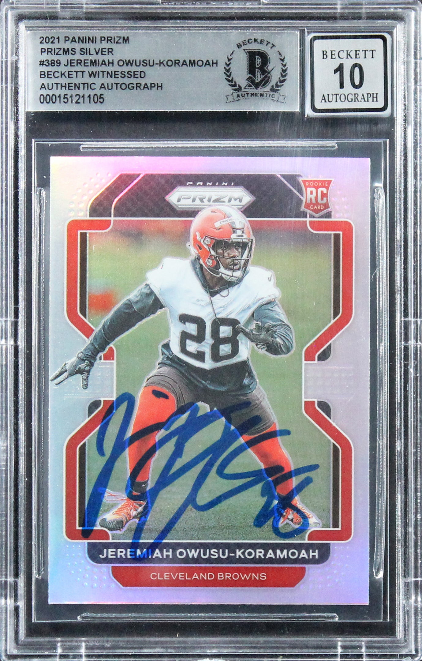 Jeremiah Owusu-Koramoah Signed 2021 Panini Prizm Silver #389 RC Auto 10 BAS Slab