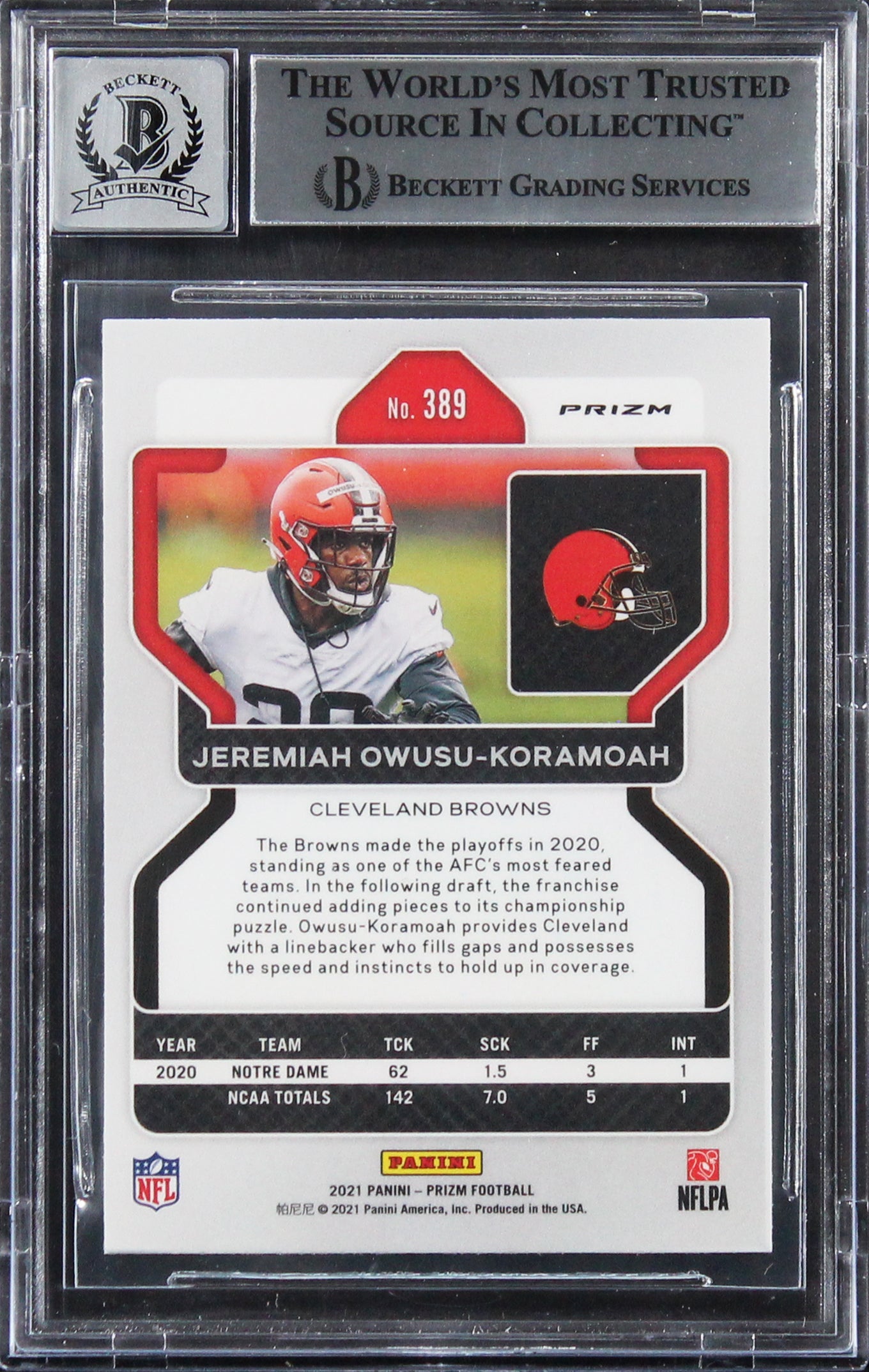 Jeremiah Owusu-Koramoah Signed 2021 Panini Prizm Silver #389 RC Auto 10 BAS Slab