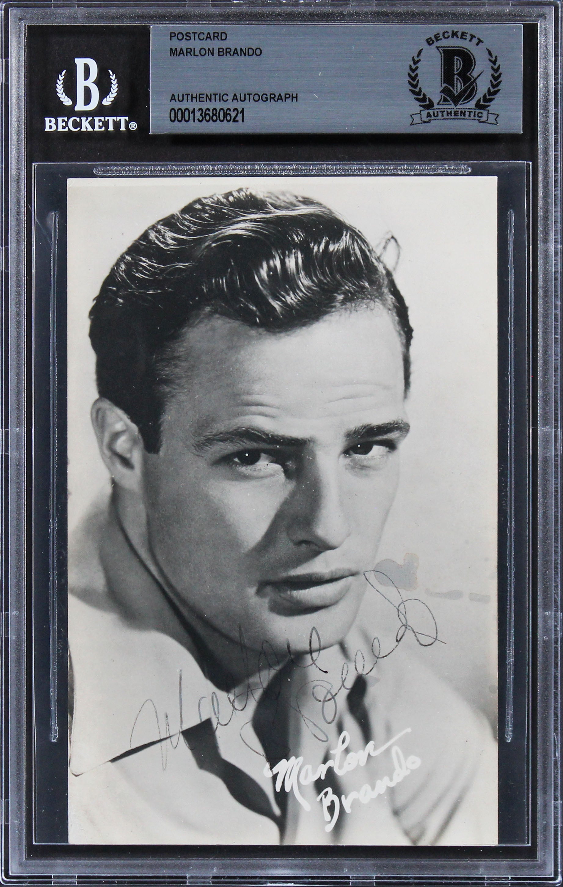 Marlon Brando Authentic Signed 3.5x5.5 Black & White Photo Postcard BAS Slabbed