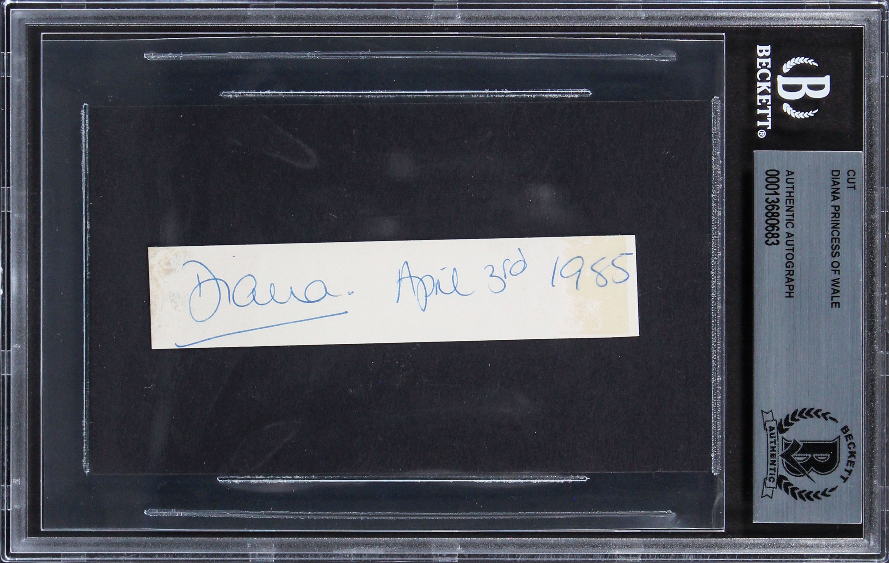 Princess Diana April 3rd 1985 Authentic Signed .85x3.85 Cut BAS Slabbed