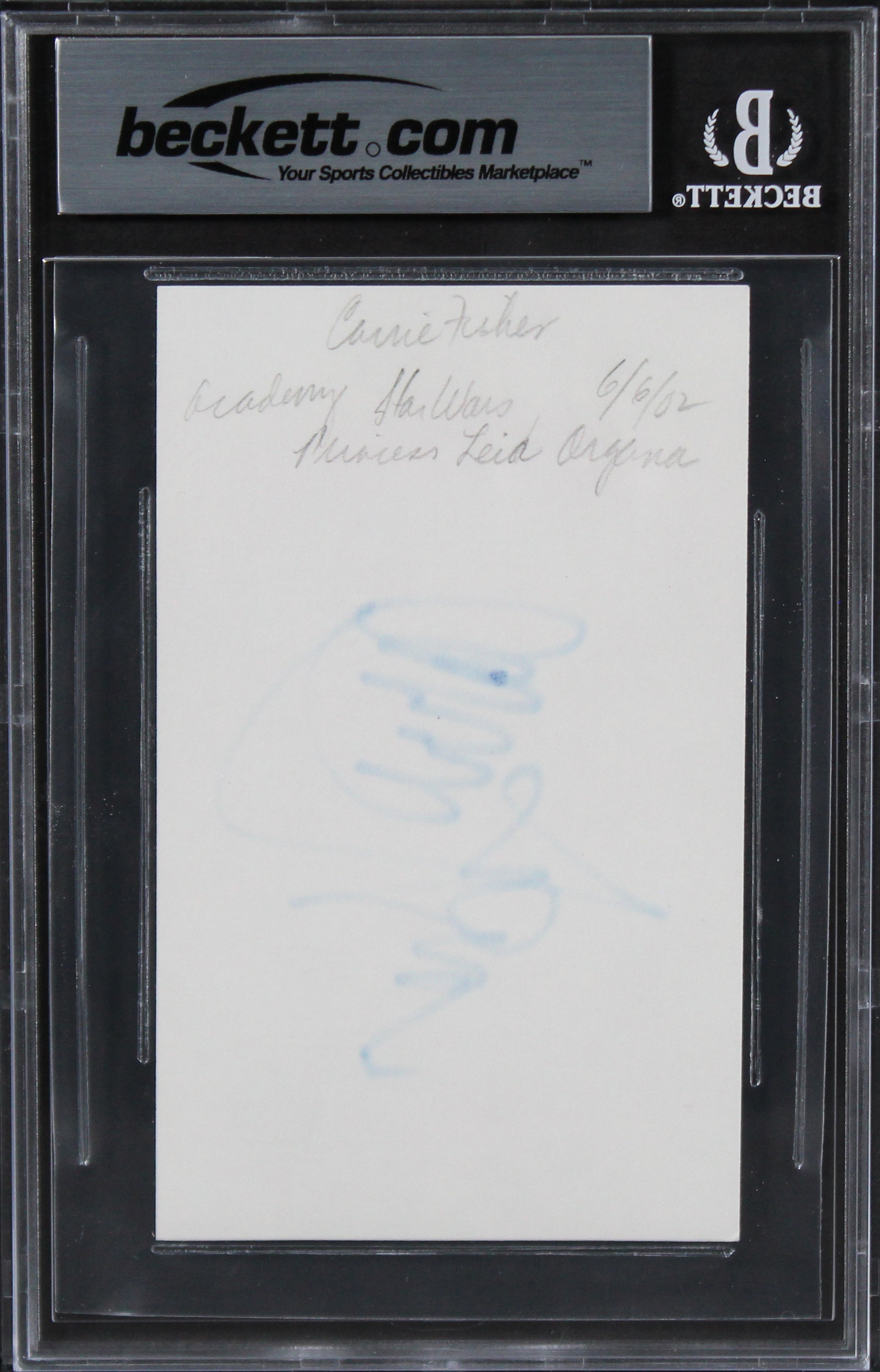 Carrie Fisher Star Wars Authentic Signed 3x5 Index Card Autographed BAS Slab 2