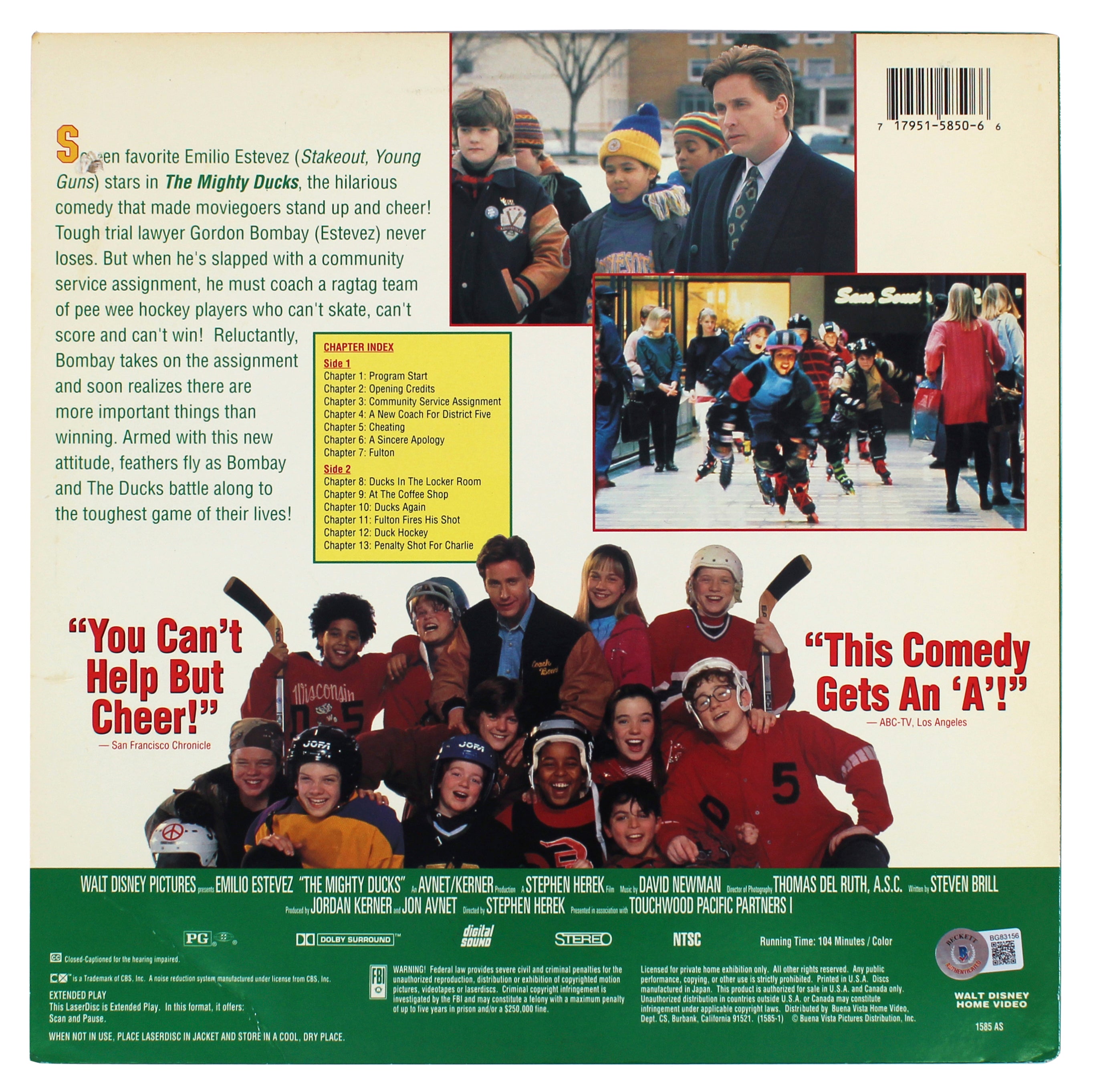 Emilio Estevez Signed Mighty Ducks Laser Disk Cover Without Disc BAS #BG83156